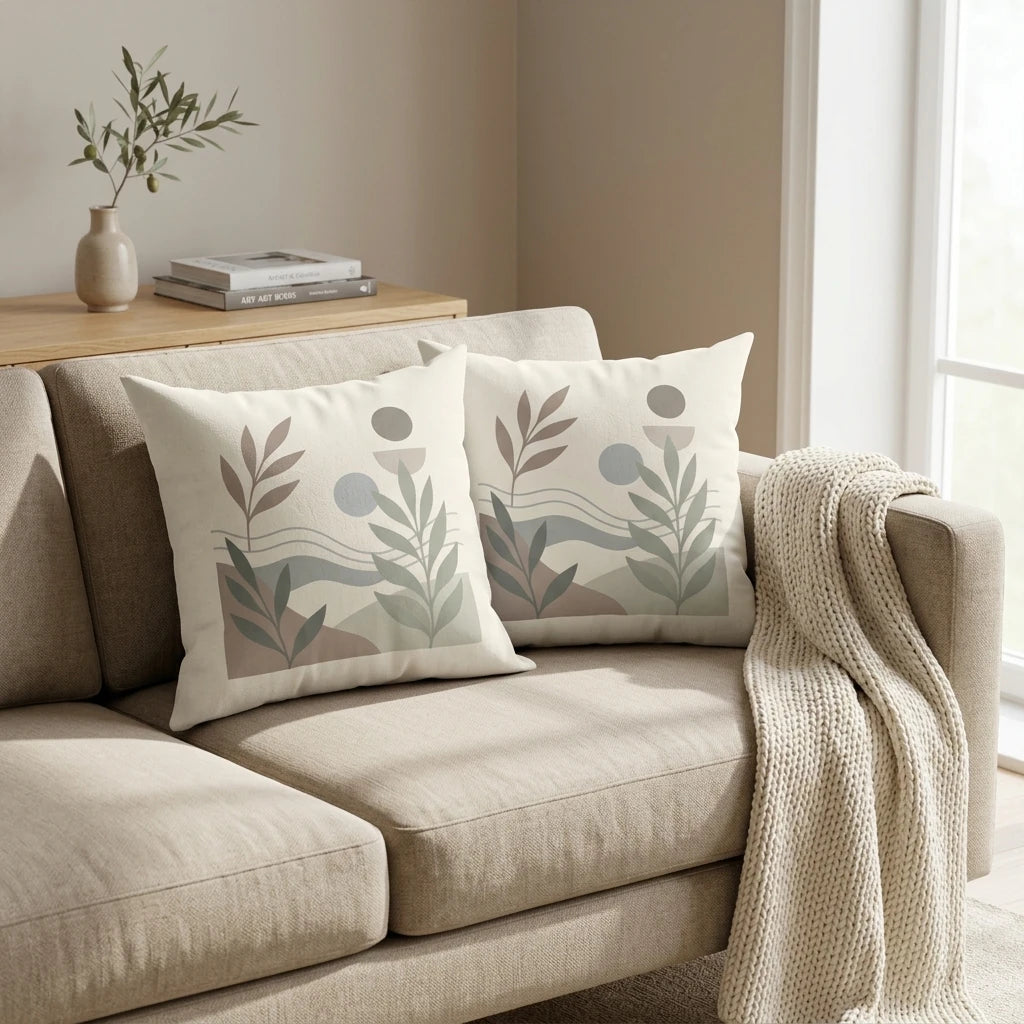 Two decorative pillows with an abstract botanical leaf design on a beige sofa, styled with a cozy knit throw in a modern living room.
