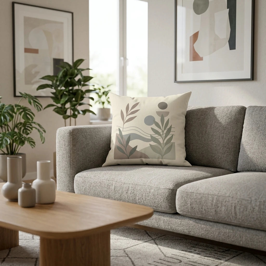 Modern living room with a cream cushion featuring abstract botanical designs in sage green and tan, resting on a gray sofa near indoor plants.