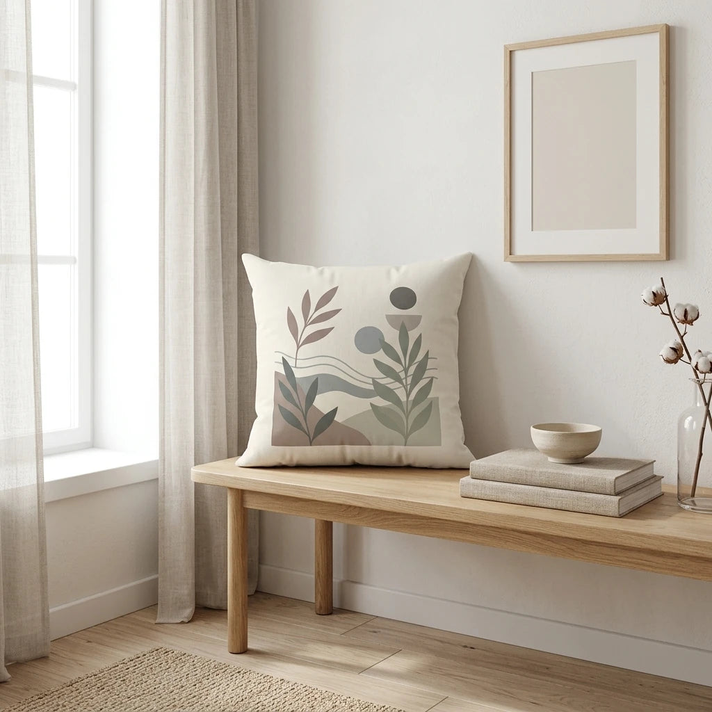 Square throw cushion featuring an abstract botanical leaf design in earth tones, styled on a wooden bench in a bright minimalist room.