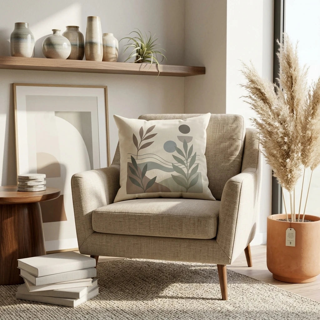 Abstract botanical cushion in muted sage and brown on a beige armchair in a cozy living room with pampas grass and minimalist decor.