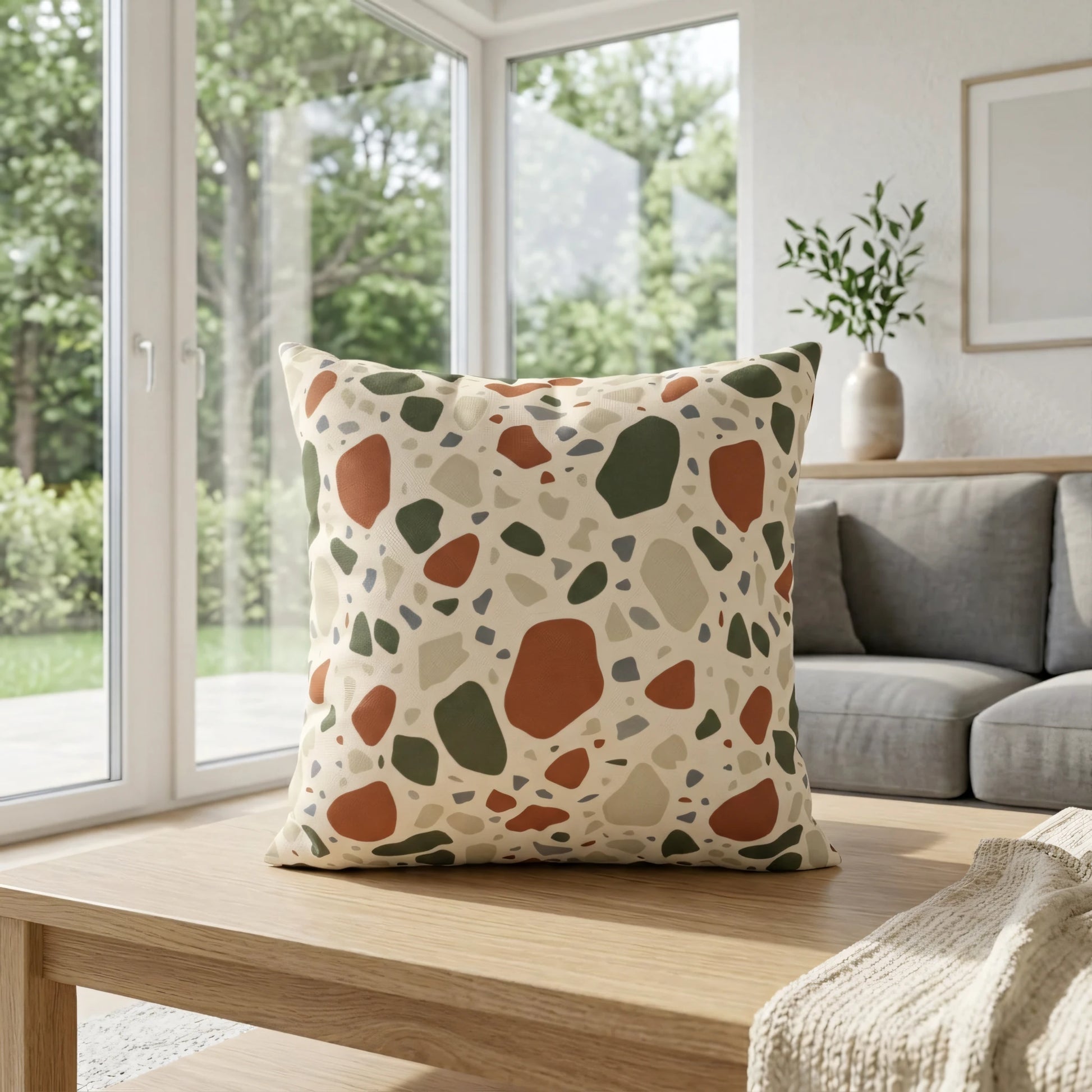 Square terrazzo throw pillow in earthy terracotta and olive green, placed on a light wood coffee table in a bright, sunlit modern living room.