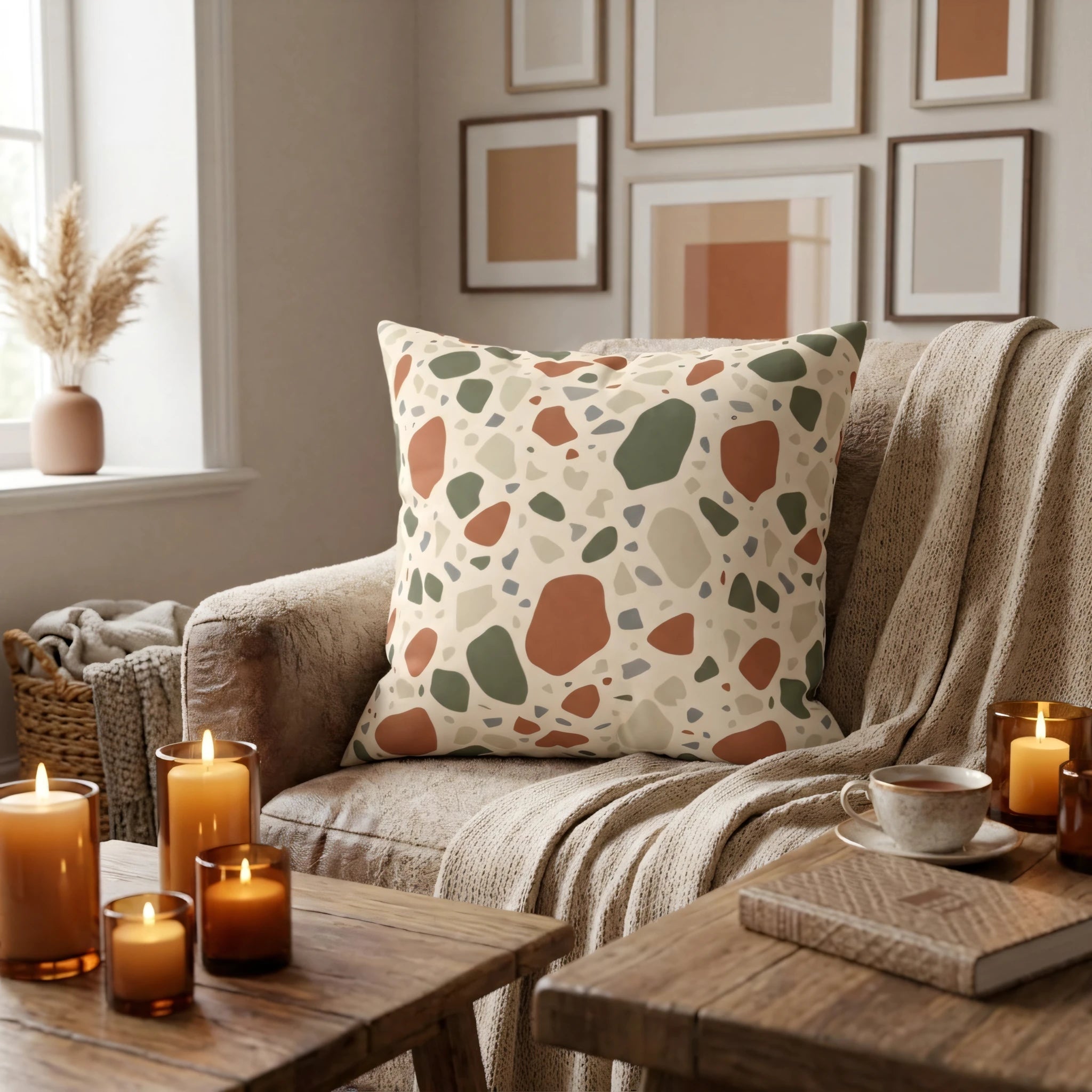Earth tone terrazzo pattern cushion on a beige armchair in a cozy living room setting with candles, a cup of tea, and warm rustic decor.