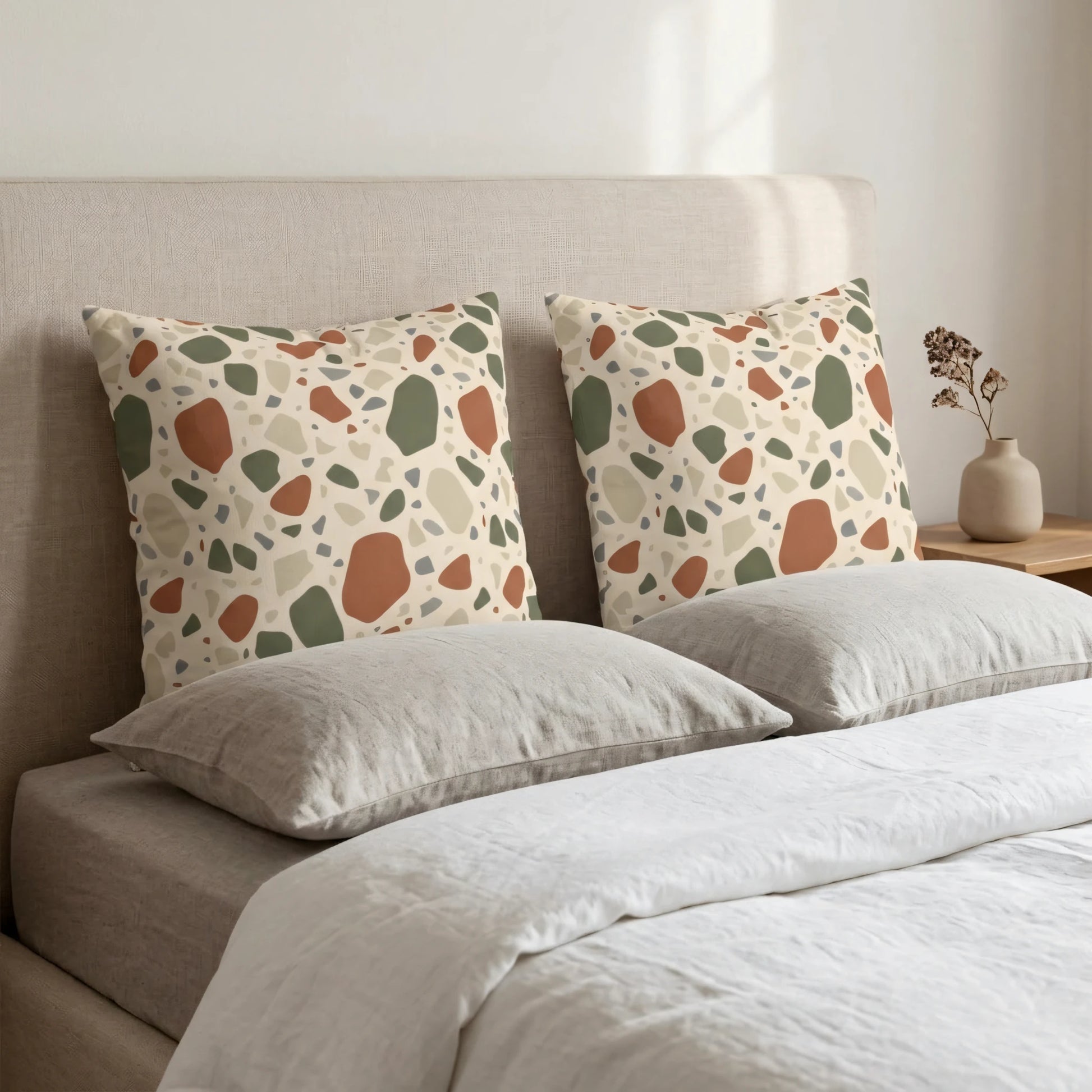 Terrazzo pattern decorative pillows in terracotta and sage green on a minimalist bed with white linens and beige headboard.