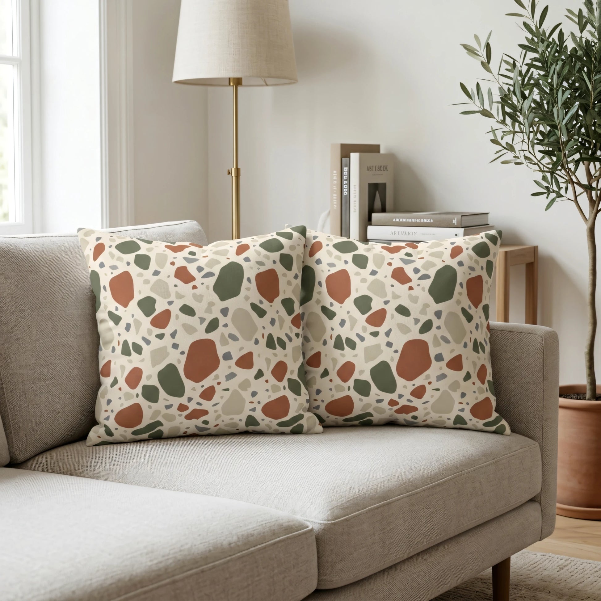 Pair of terrazzo pattern cushions in earthy terracotta and green colors displayed on a beige sofa in a bright, modern living room scene.