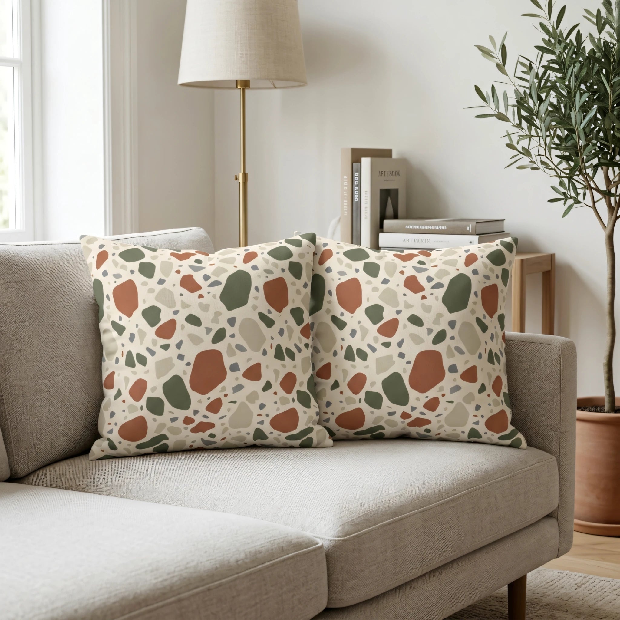 Pair of terrazzo pattern cushions in earthy terracotta and green colors displayed on a beige sofa in a bright, modern living room scene.