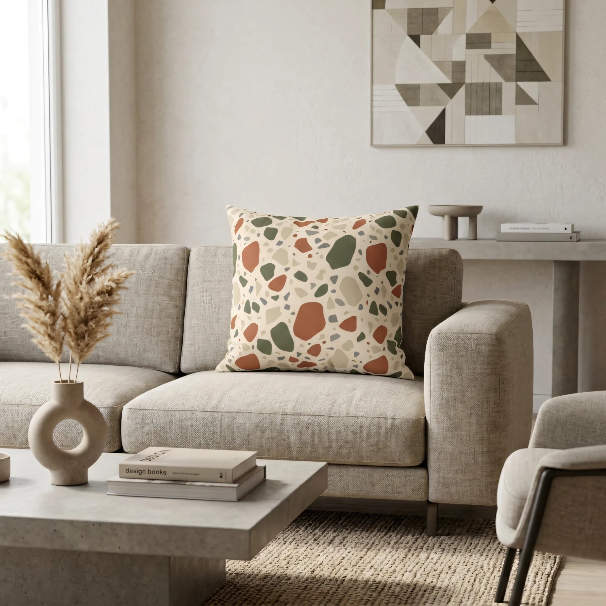 Terrazzo pattern throw pillow with earthy rust and green shapes on a beige sofa in a modern minimalist living room with a concrete coffee table.