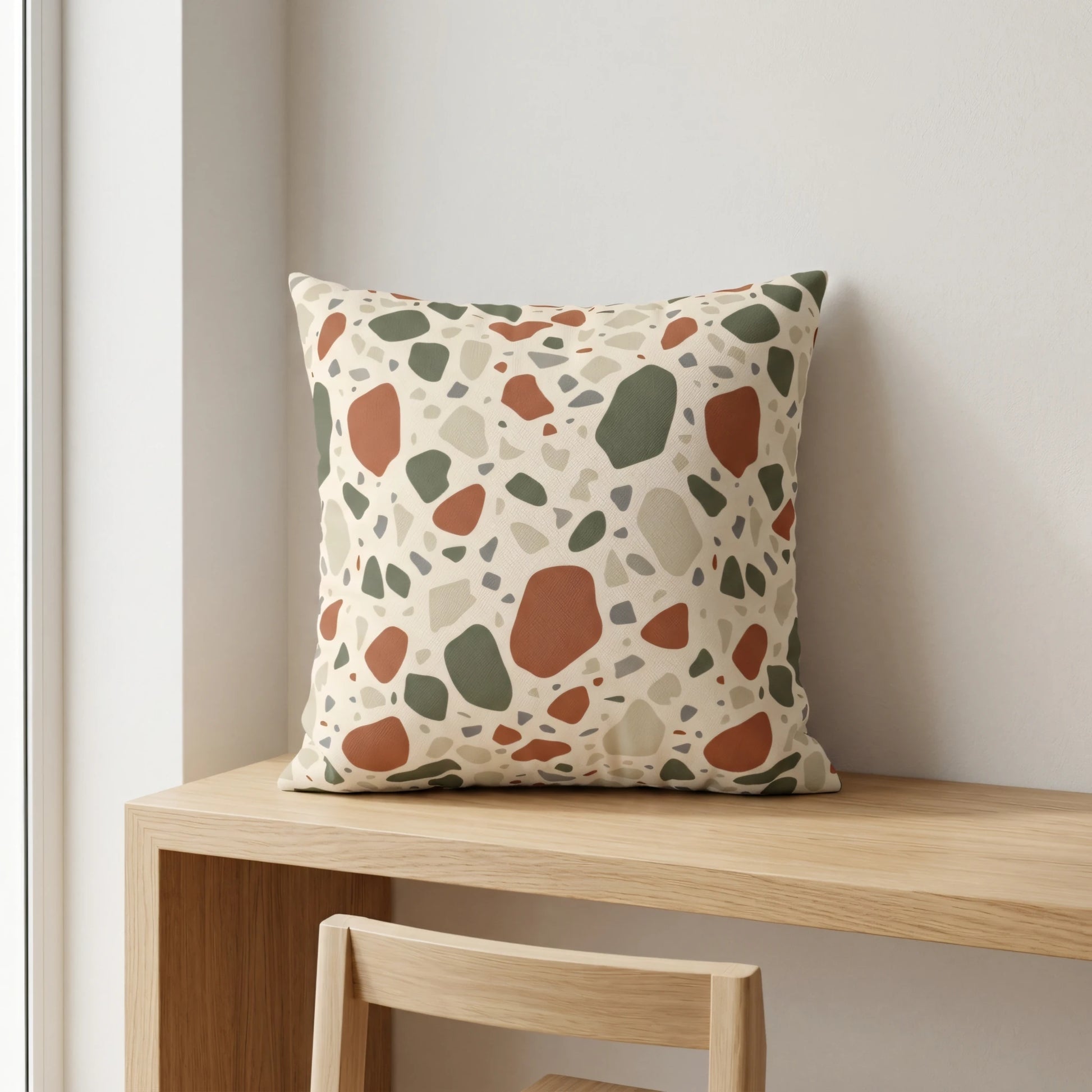 Terrazzo pattern throw pillow with burnt orange and sage green spots on a minimalist wooden desk in a bright, modern interior.