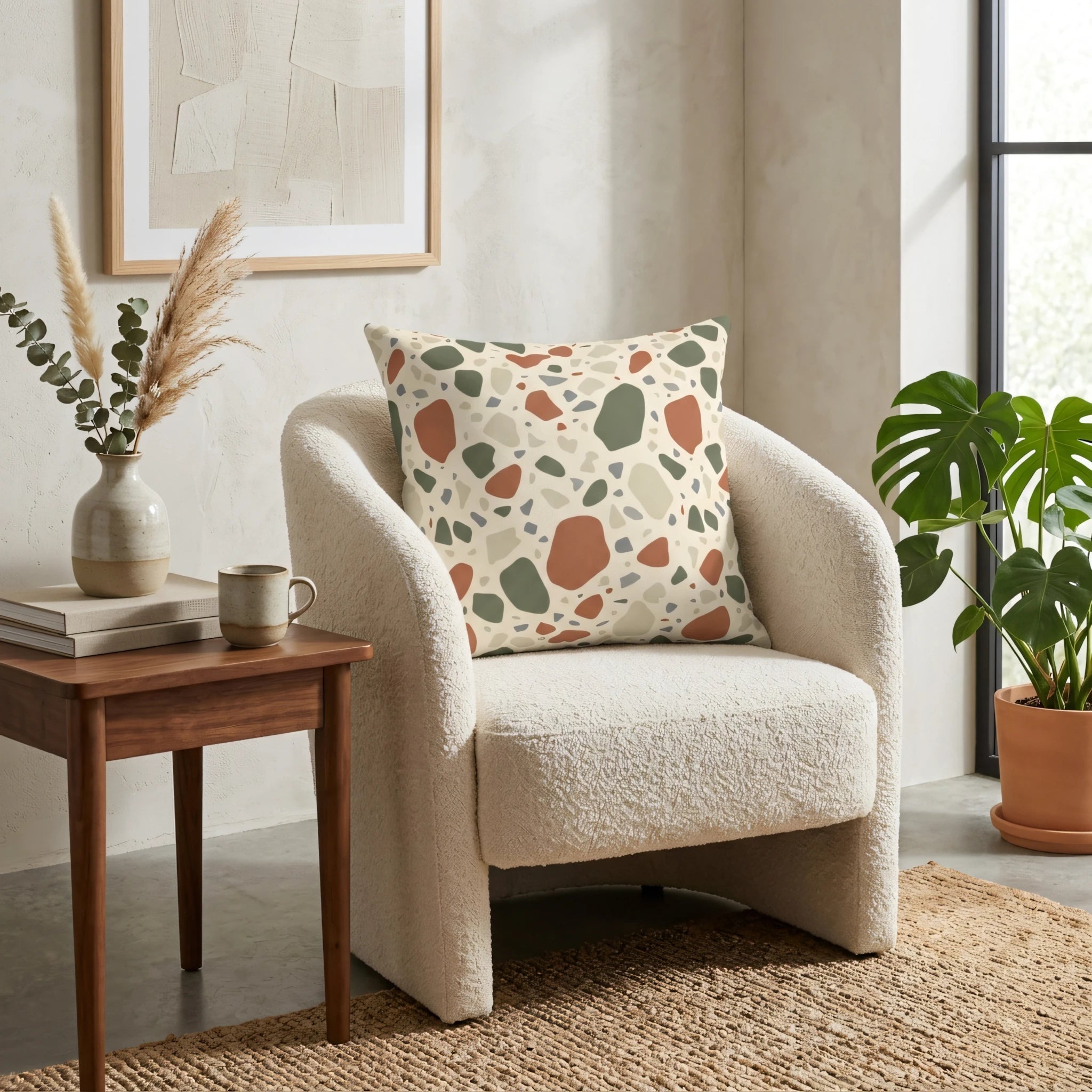 Terrazzo pattern cushion with terracotta and sage green accents on a boucle armchair in a modern, cozy living room interior.