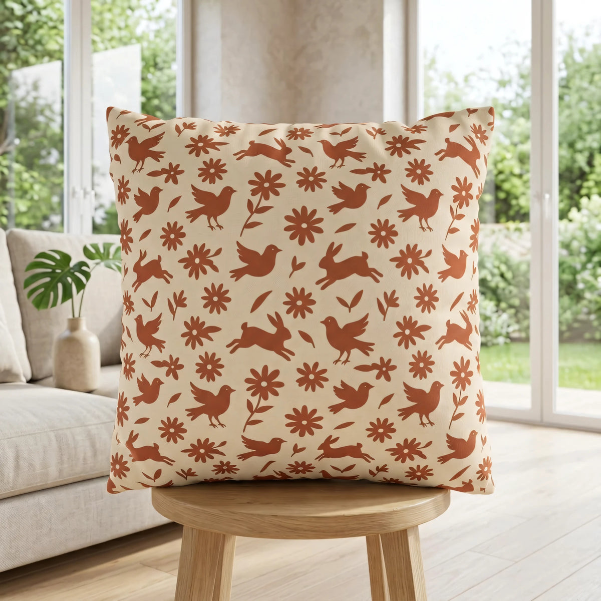 Cinnamon Rust Whimsical Animalia Cushion Case with, lifestyle view.