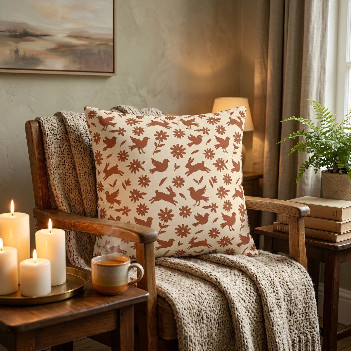 Cinnamon Rust Whimsical Animalia Cushion Case with, lifestyle view.