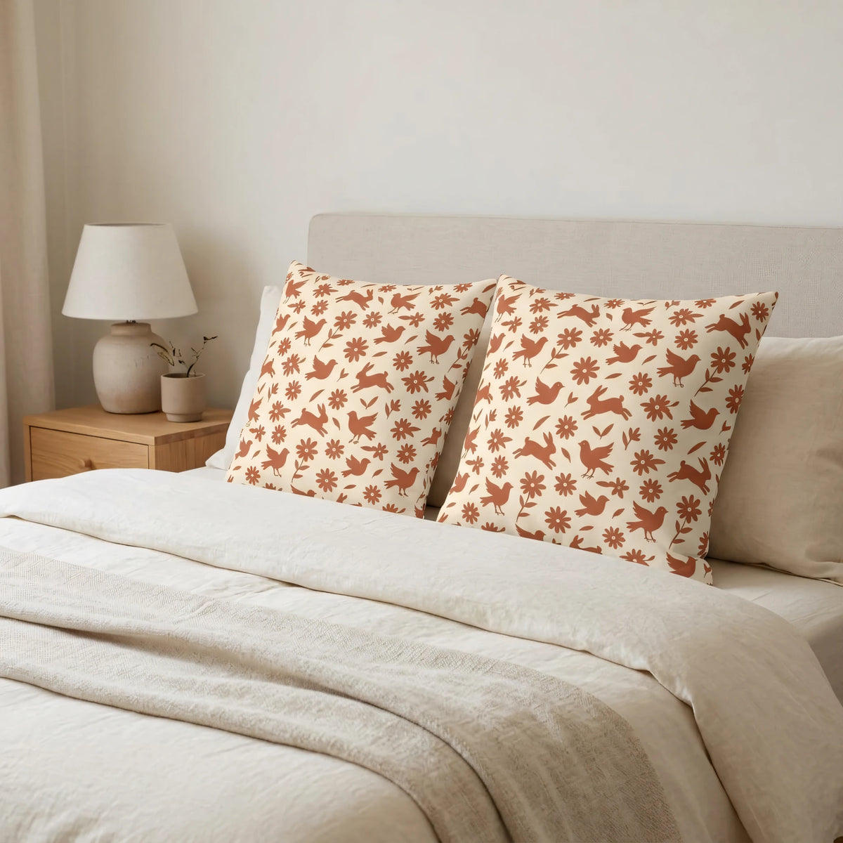 Cinnamon Rust Whimsical Animalia Cushion Case with, lifestyle view.