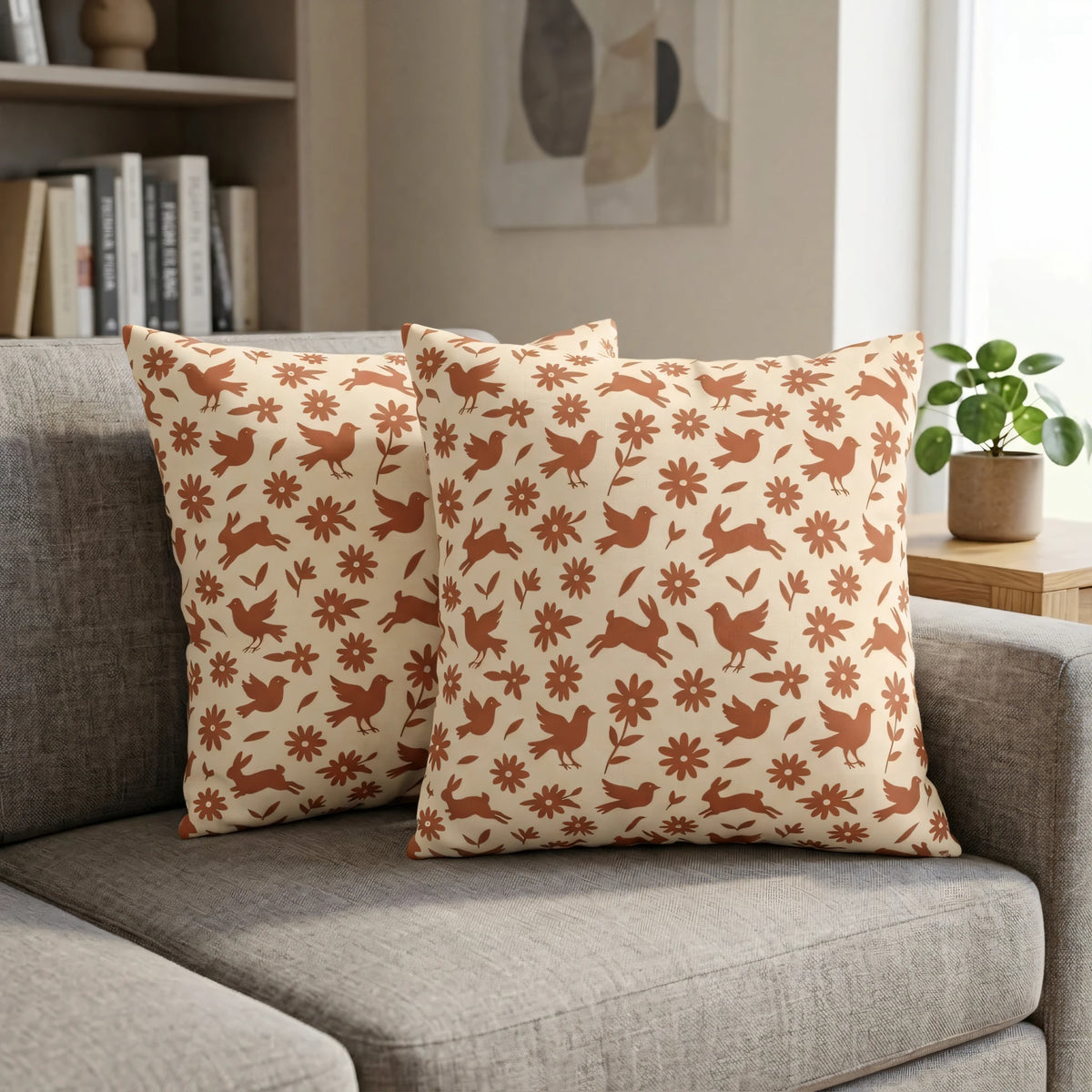 Cinnamon Rust Whimsical Animalia Cushion Case with, lifestyle view.