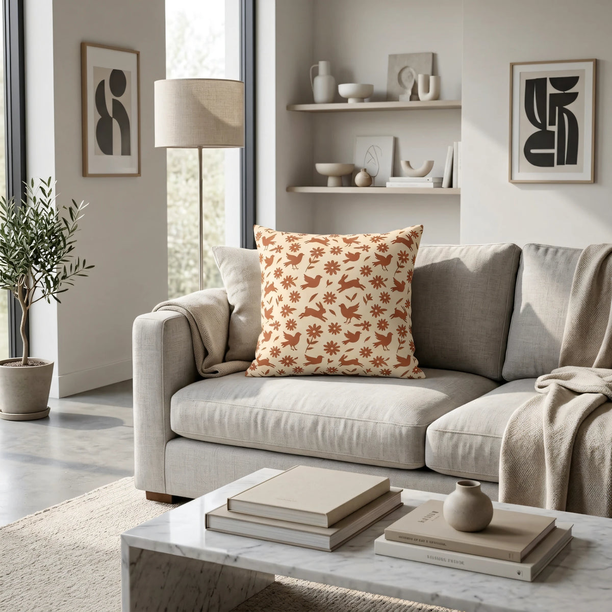 Cinnamon Rust Whimsical Animalia Cushion Case with, lifestyle view.