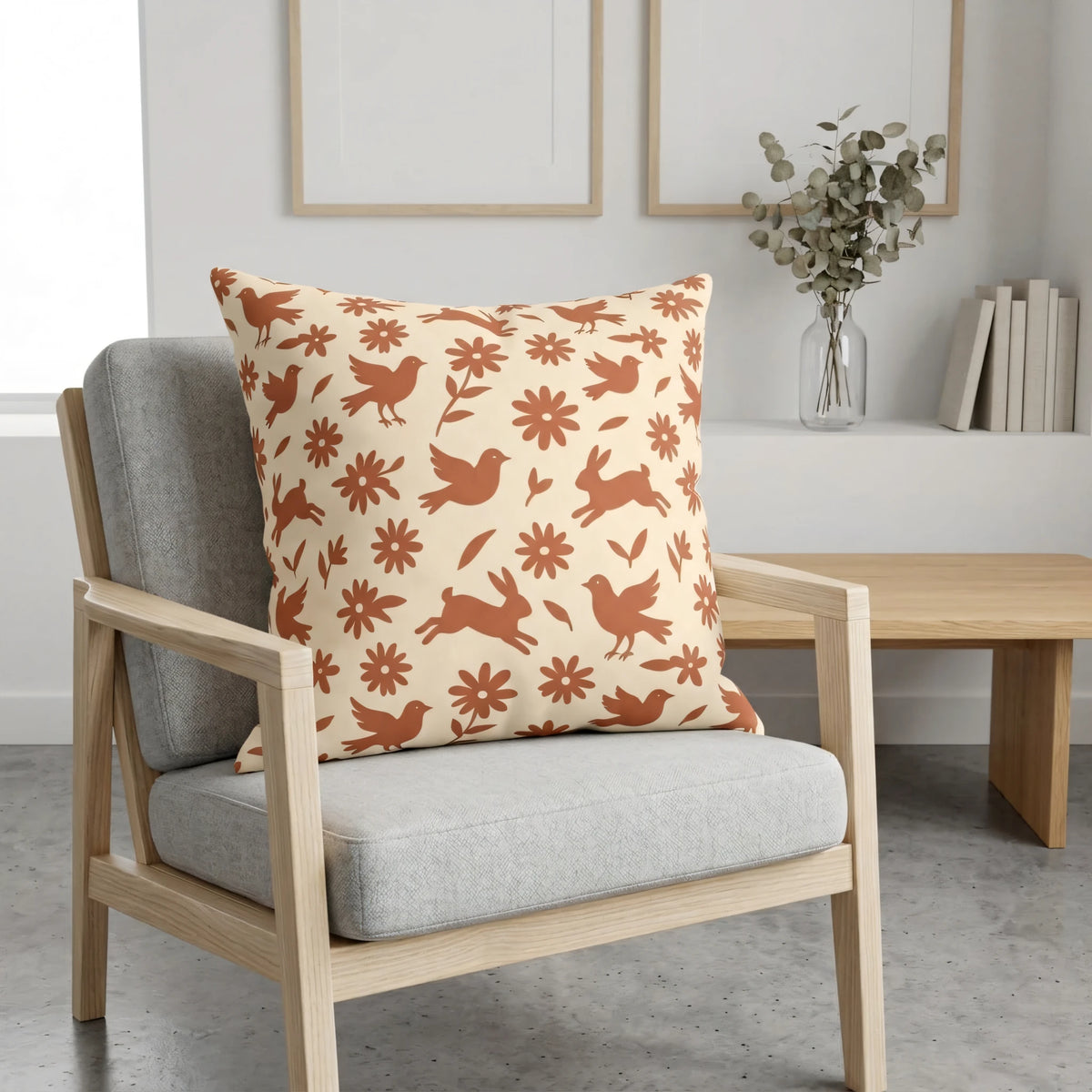 Cinnamon Rust Whimsical Animalia Cushion Case with, lifestyle view.