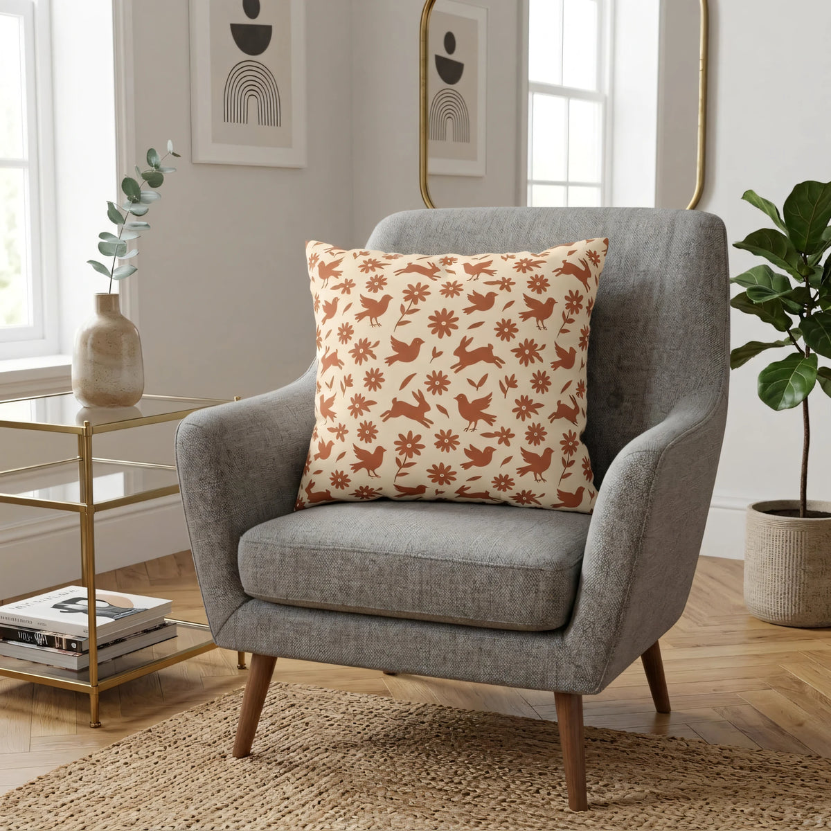 Cinnamon Rust Whimsical Animalia Cushion Case with, lifestyle view.