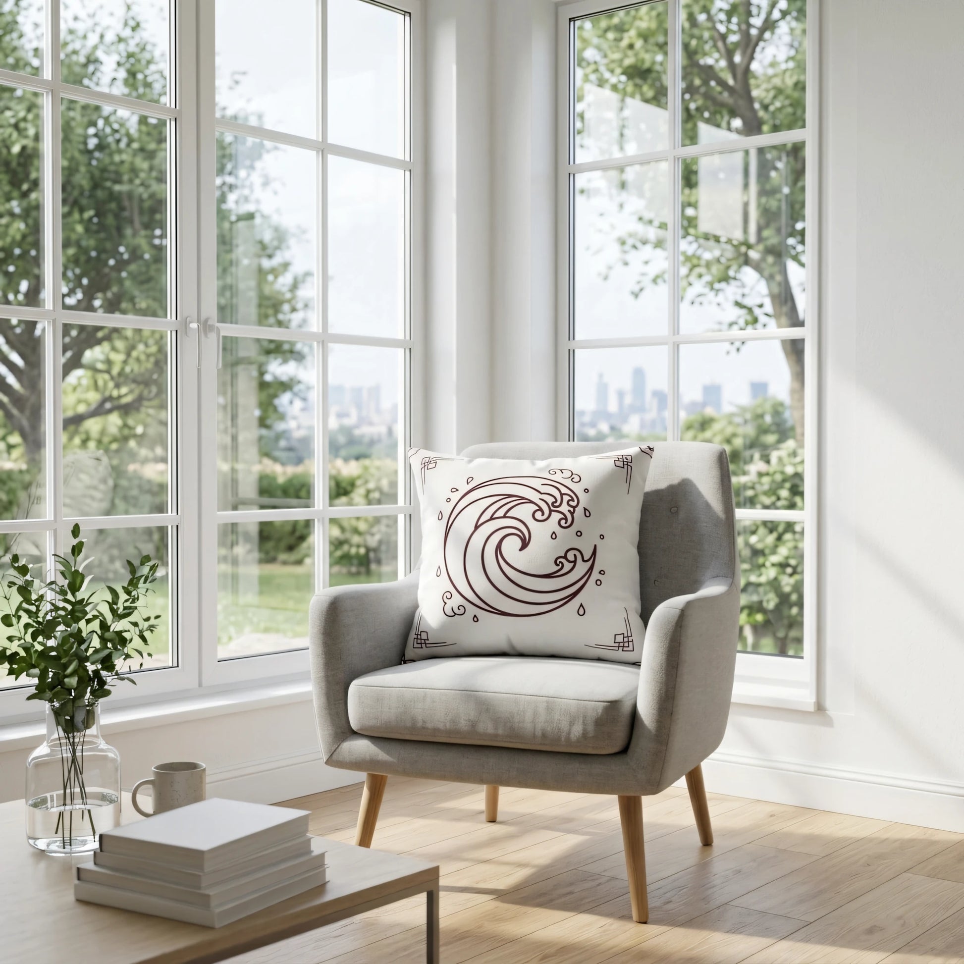 Modern square cushion featuring a brown ocean wave pattern on a grey chair in a bright, sunlit living room with city views.