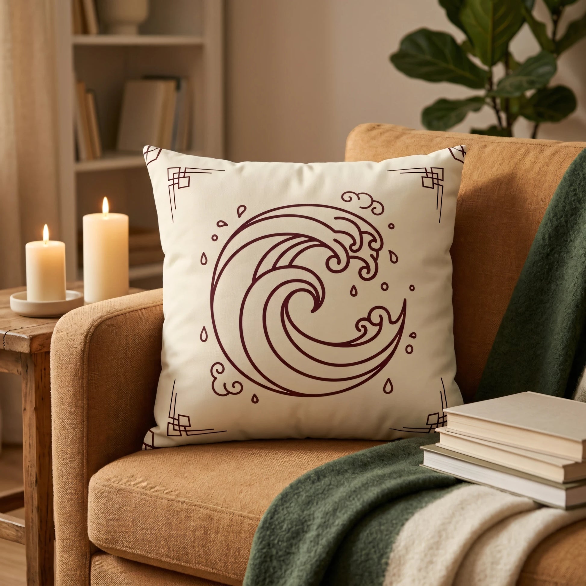 Cream decorative throw pillow with a brown wave design on a tan chair, surrounded by candles and books in a cozy, warm lifestyle setting.