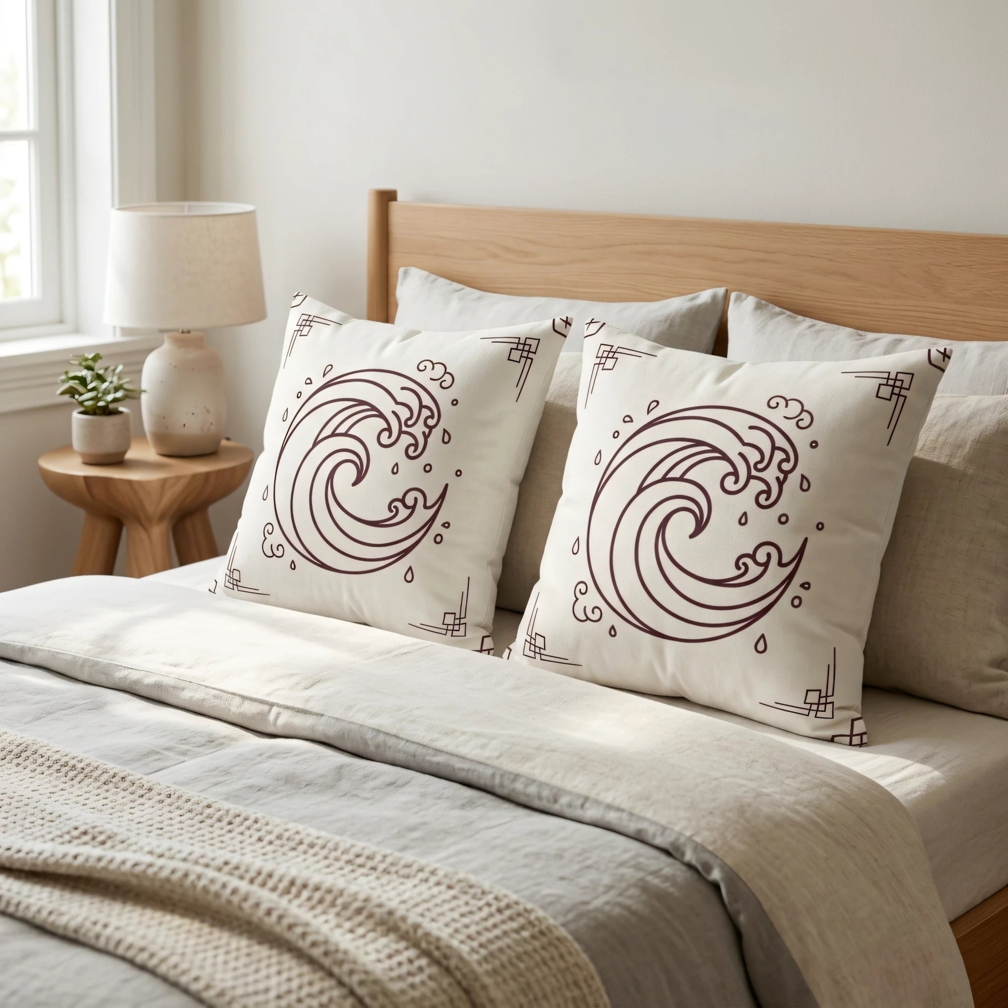Pair of decorative pillows with a dark purple wave pattern on a modern bed with a wooden headboard, soft linens, and a lamp in a cozy bedroom.