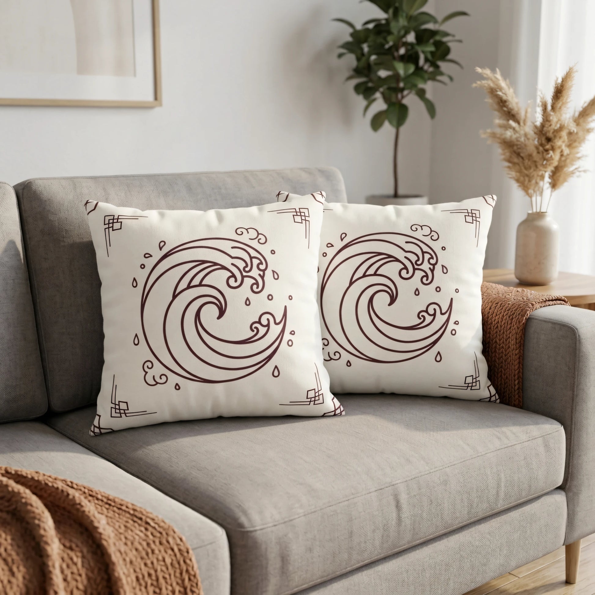 Pair of white cushions with minimalist brown wave art displayed on a modern gray sofa in a sunny home interior setting.