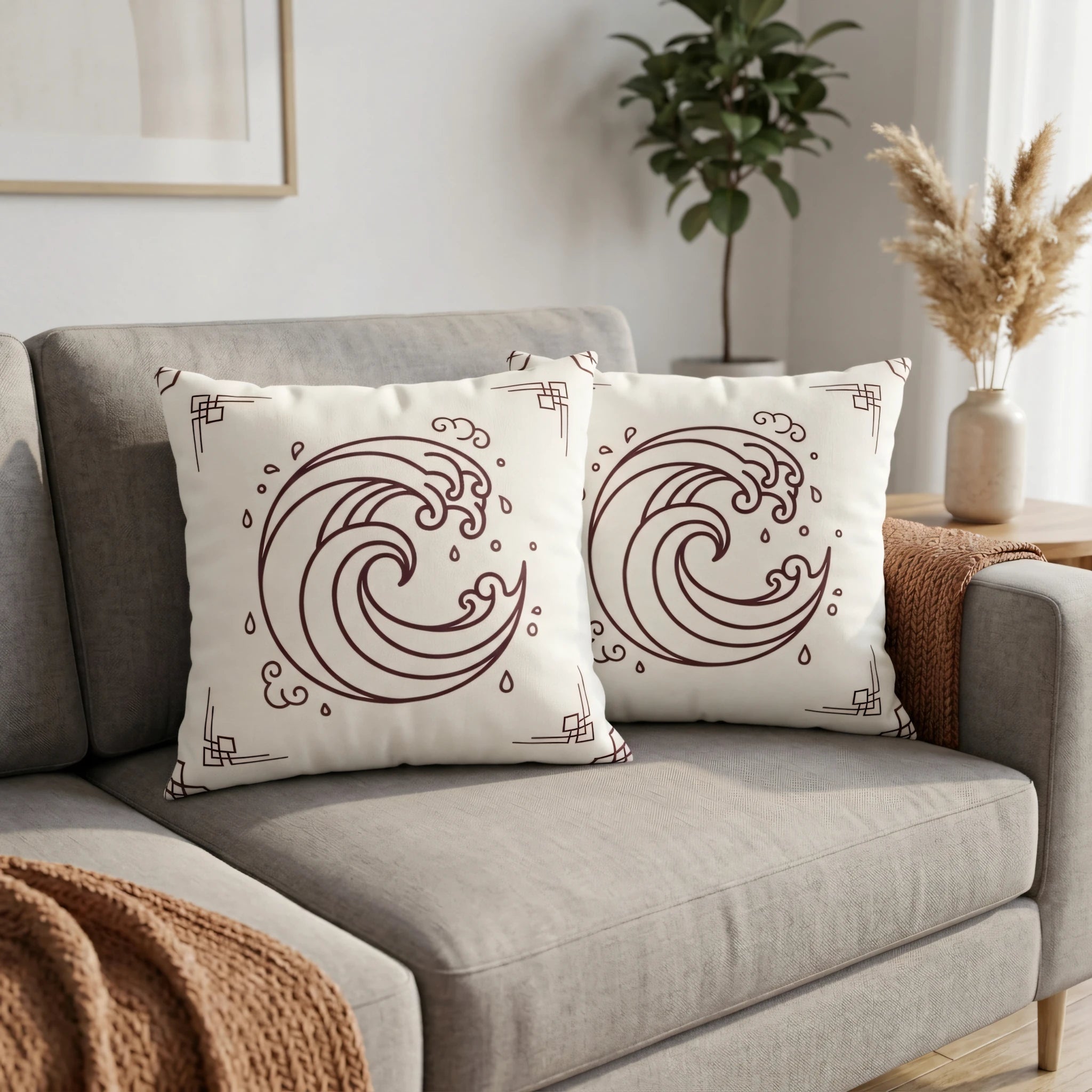 Pair of white cushions with minimalist brown wave art displayed on a modern gray sofa in a sunny home interior setting.