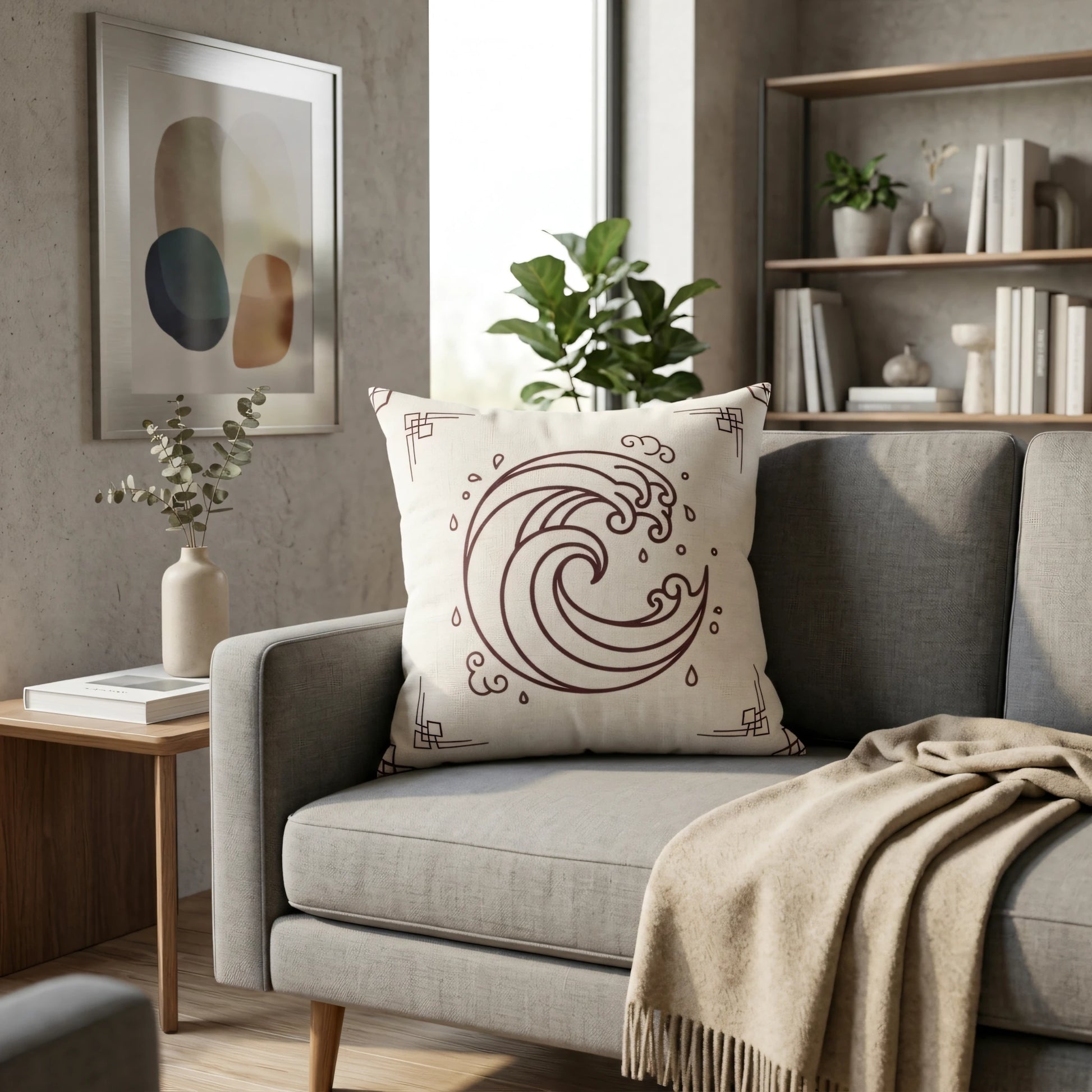 Cream throw pillow with a brown Japanese wave design on a grey couch in a modern minimalist living room setting with plants and decor.