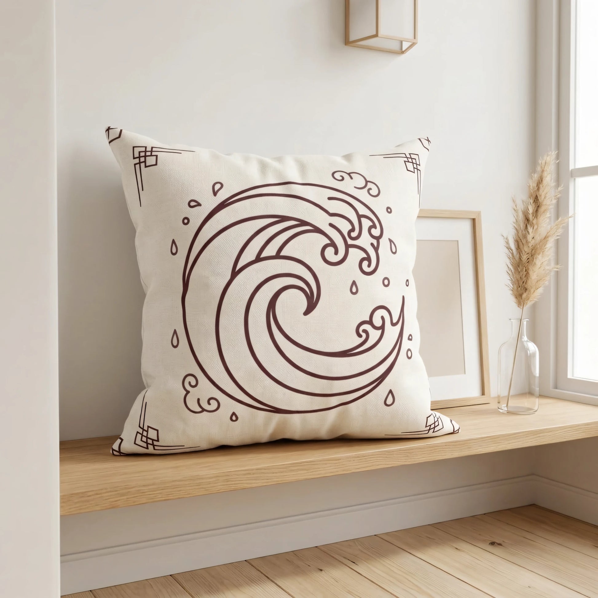 Cream throw pillow with a brown Japanese wave pattern in a minimalist interior on a light wood shelf with pampas grass.