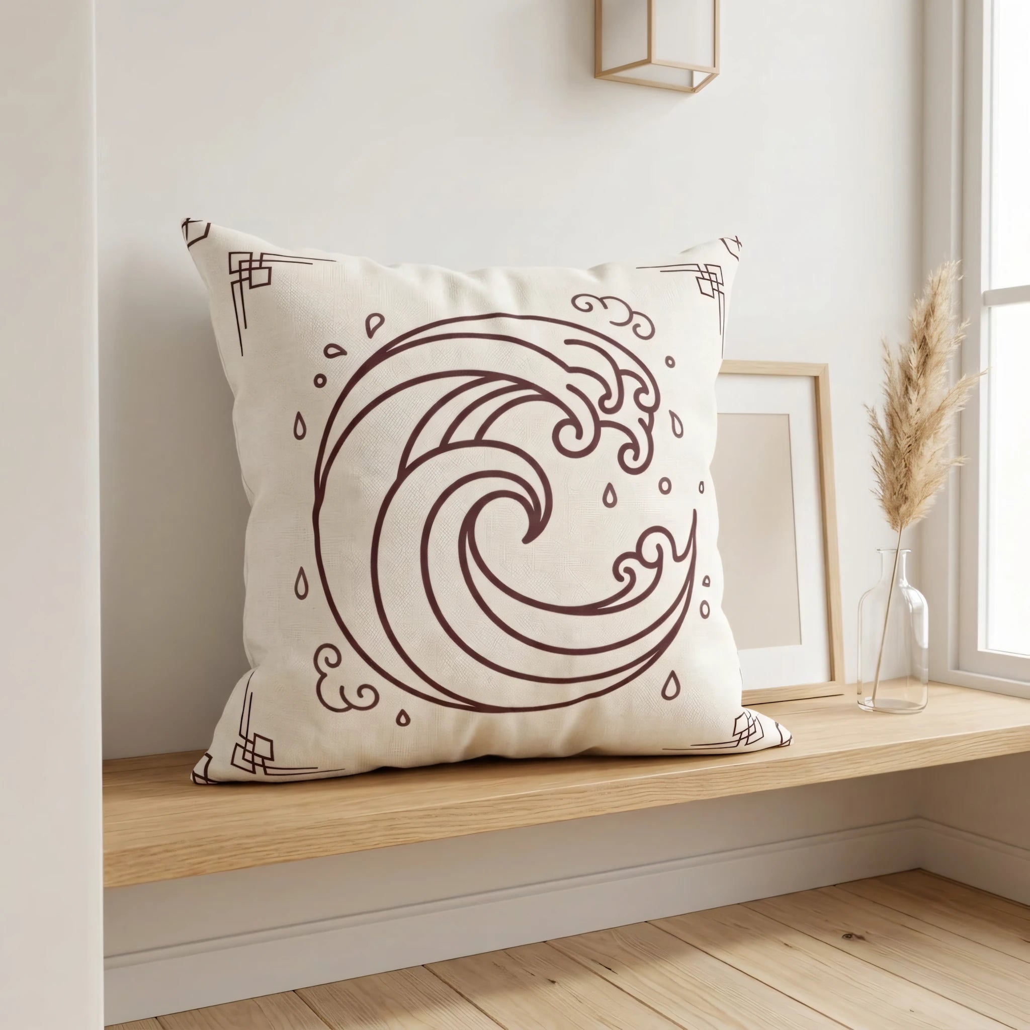 Cream throw pillow with a brown Japanese wave pattern in a minimalist interior on a light wood shelf with pampas grass.