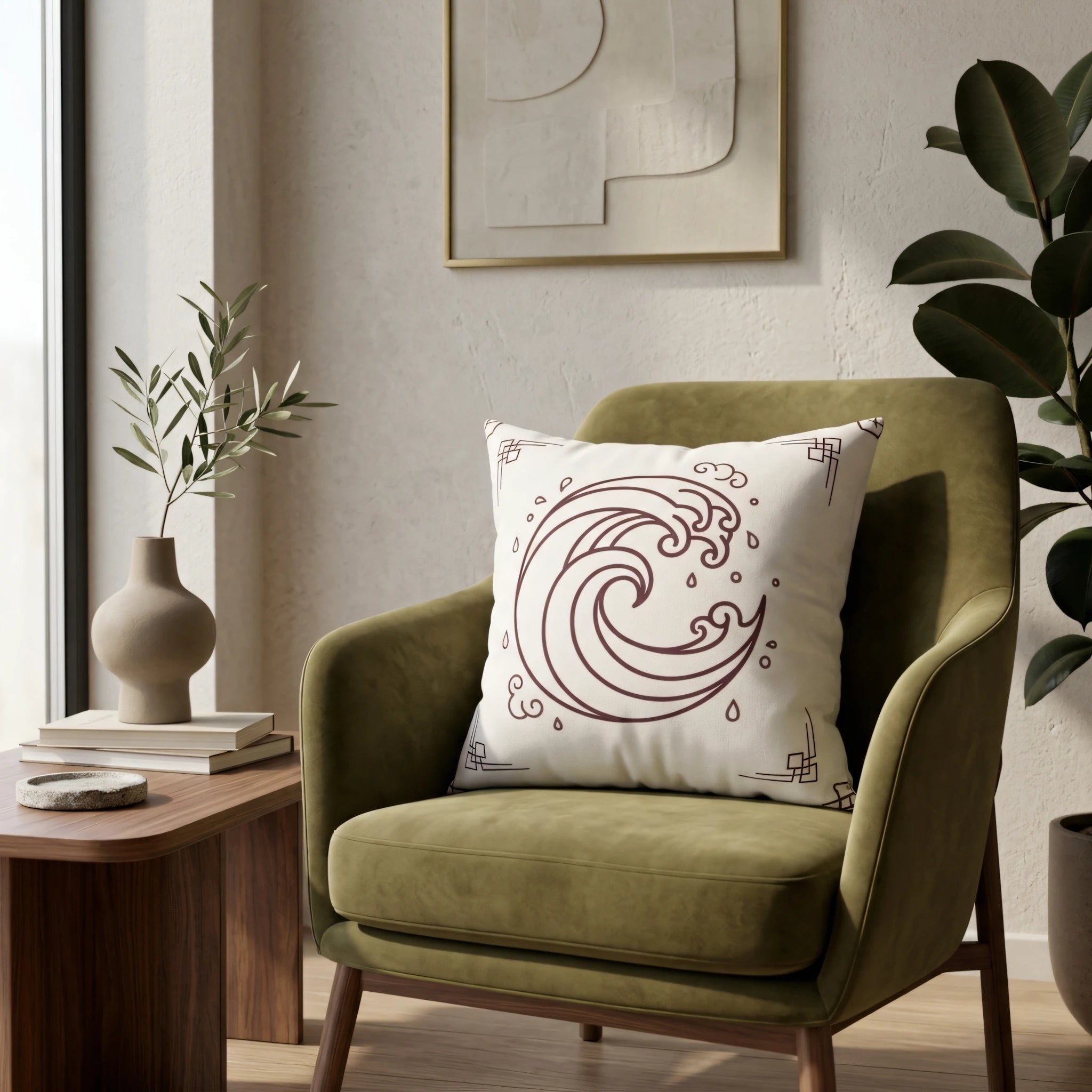 White throw pillow with a brown wave design on a green velvet armchair in a minimalist living room with a wooden table and indoor plants.
