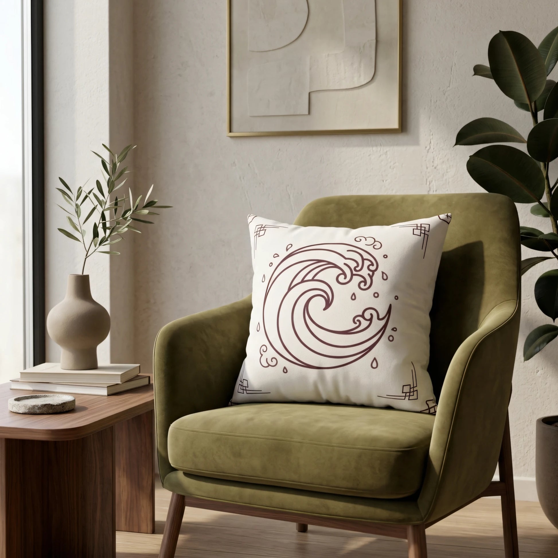 White throw pillow with a brown wave design on a green velvet armchair in a minimalist living room with a wooden table and indoor plants.