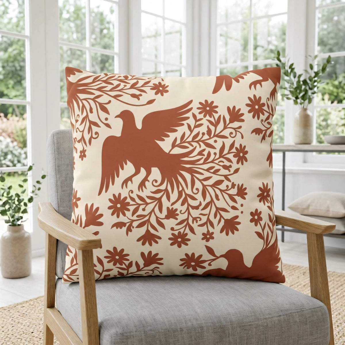 Mexican Folk Art Bird Cushion Cover, lifestyle view.