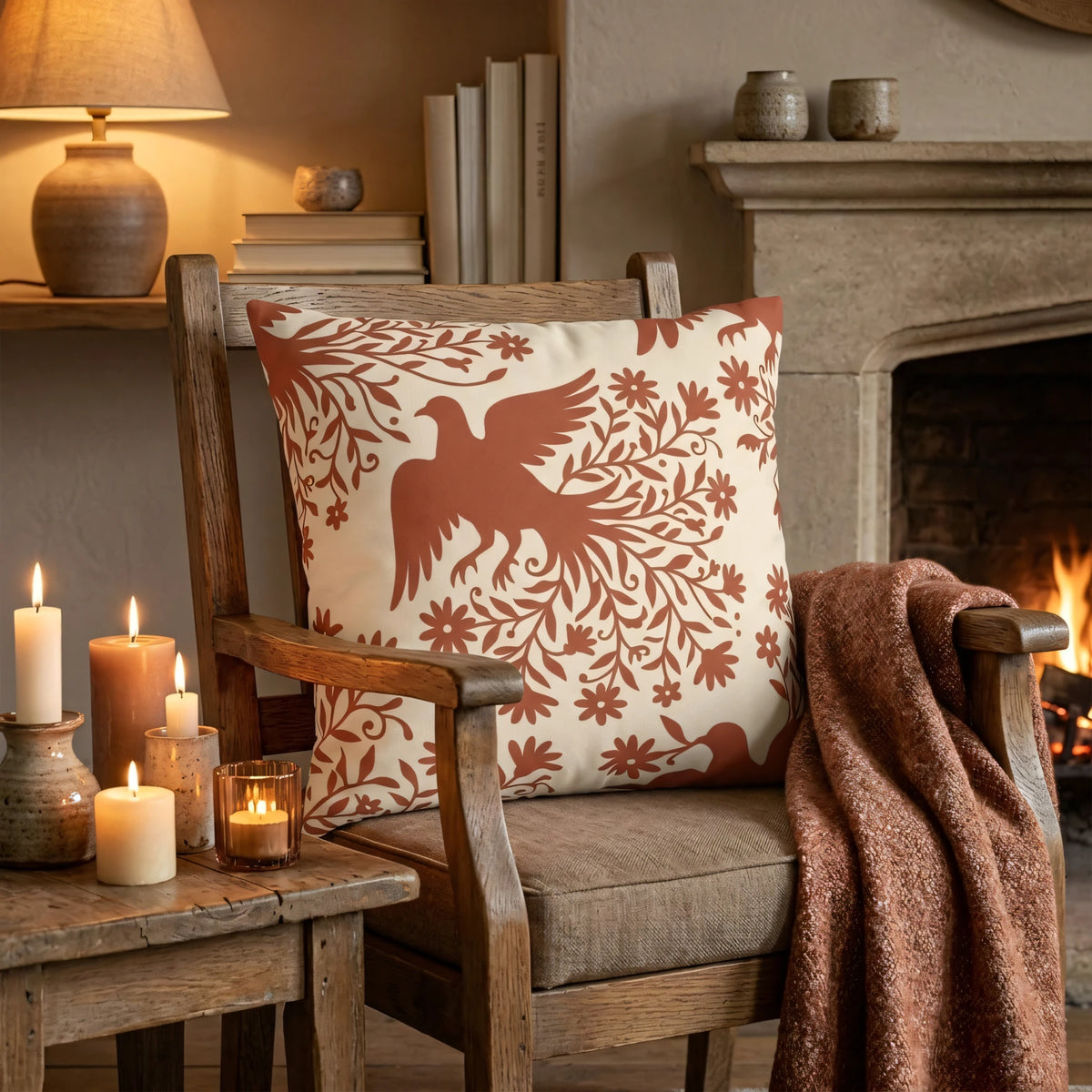 Mexican Folk Art Bird Cushion Cover, lifestyle view.