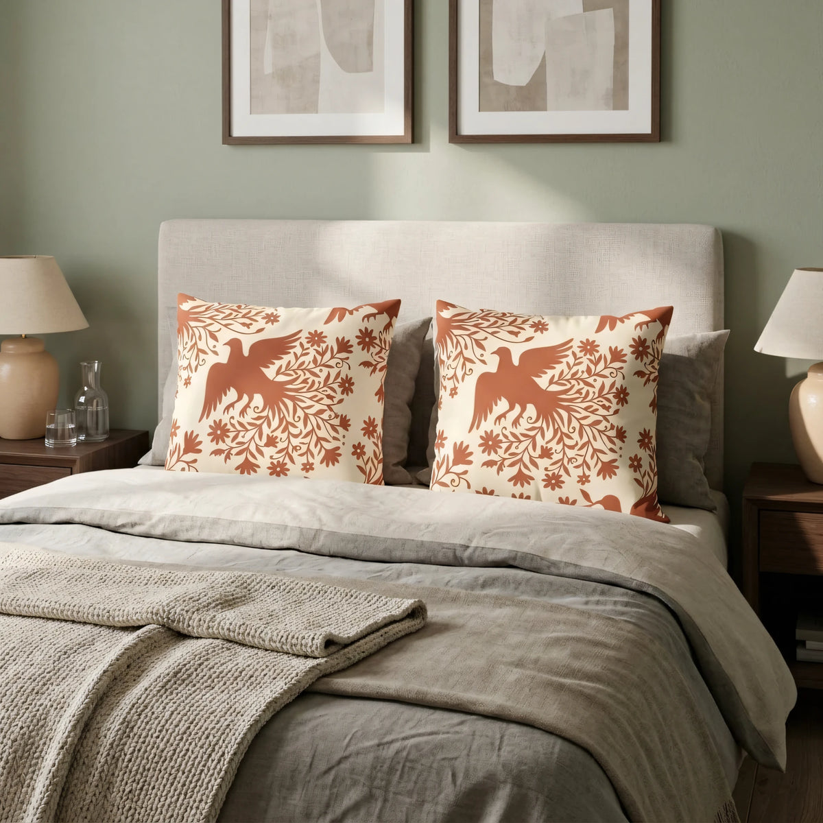 Mexican Folk Art Bird Cushion Cover, lifestyle view.