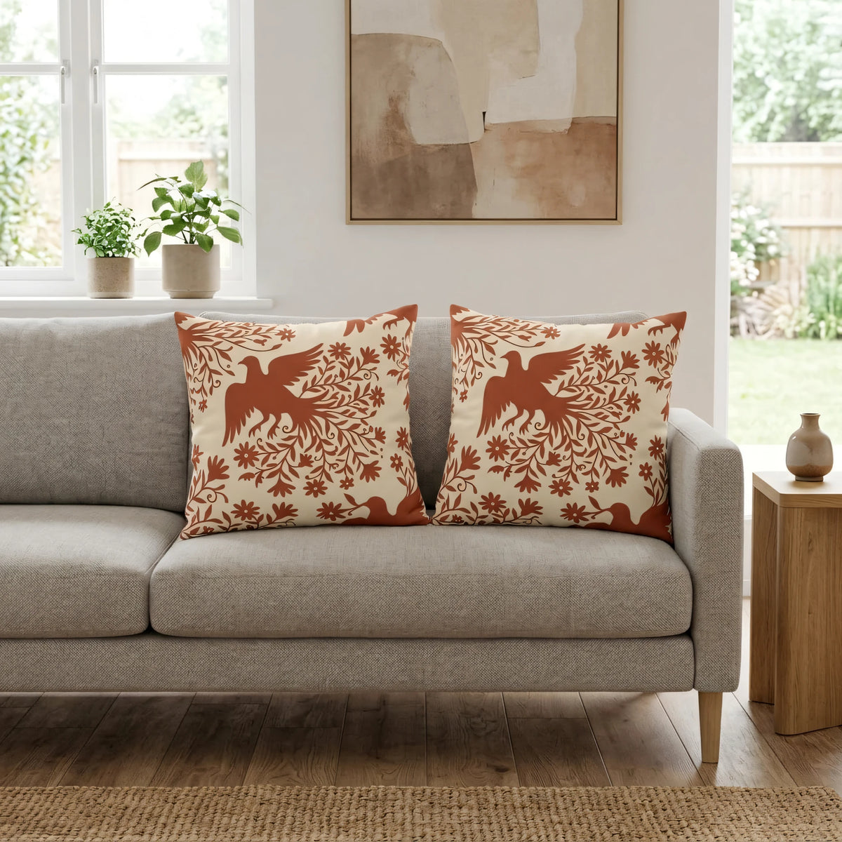 Mexican Folk Art Bird Cushion Cover, lifestyle view.