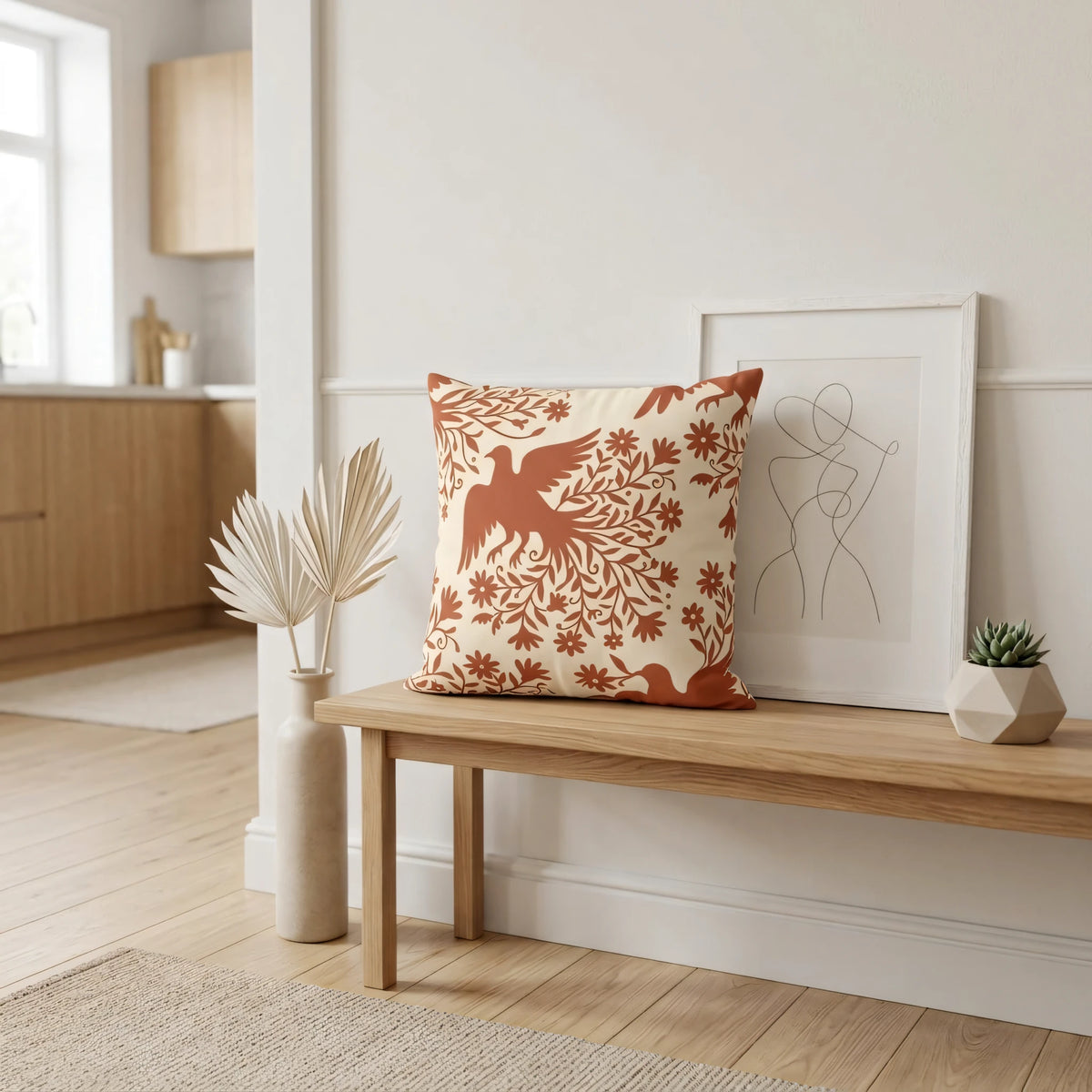 Mexican Folk Art Bird Cushion Cover, lifestyle view.