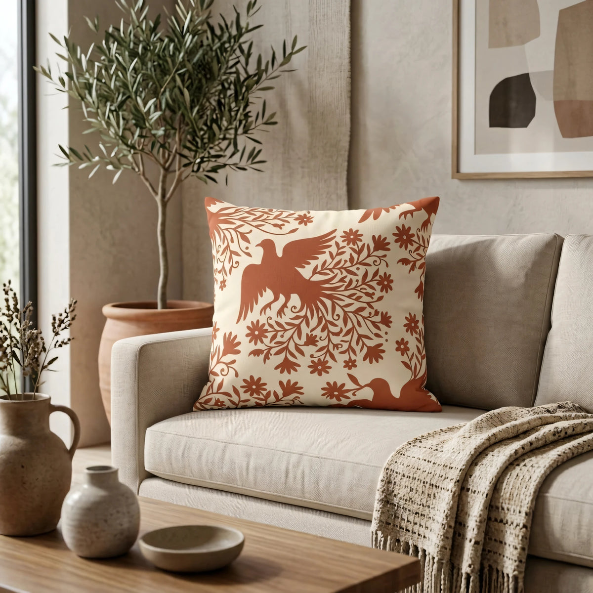 Mexican Folk Art Bird Cushion Cover, lifestyle view.