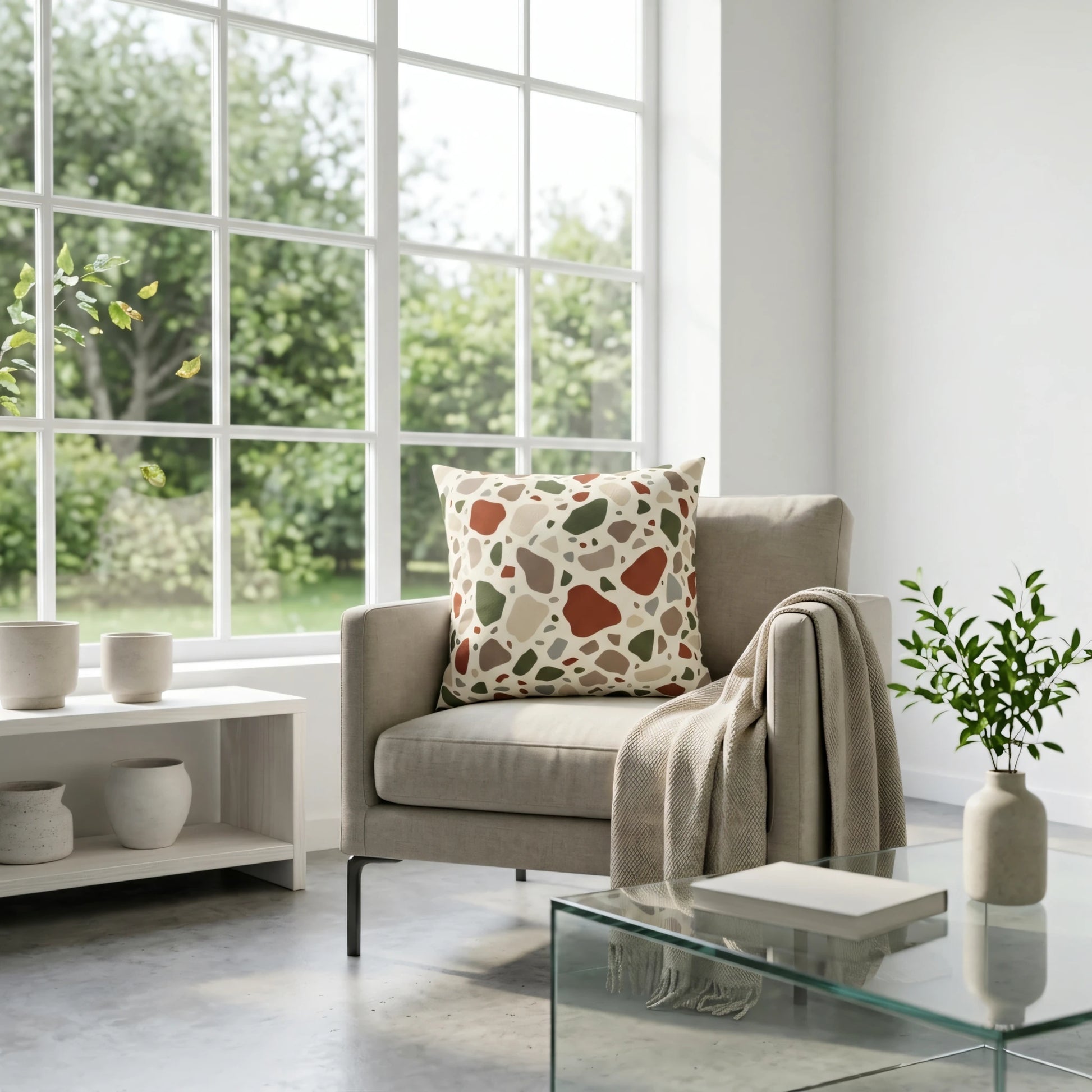 Modern terrazzo throw pillow with earth-toned patterns on a beige armchair in a bright, minimalist room with large windows and plants.