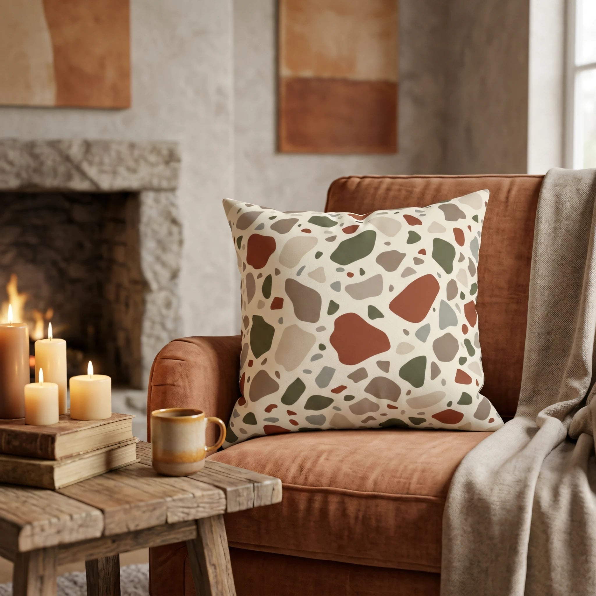 Decorative terrazzo throw pillow in earthy tones on a rust armchair by a fireplace with candles in a cozy, warm interior setting.