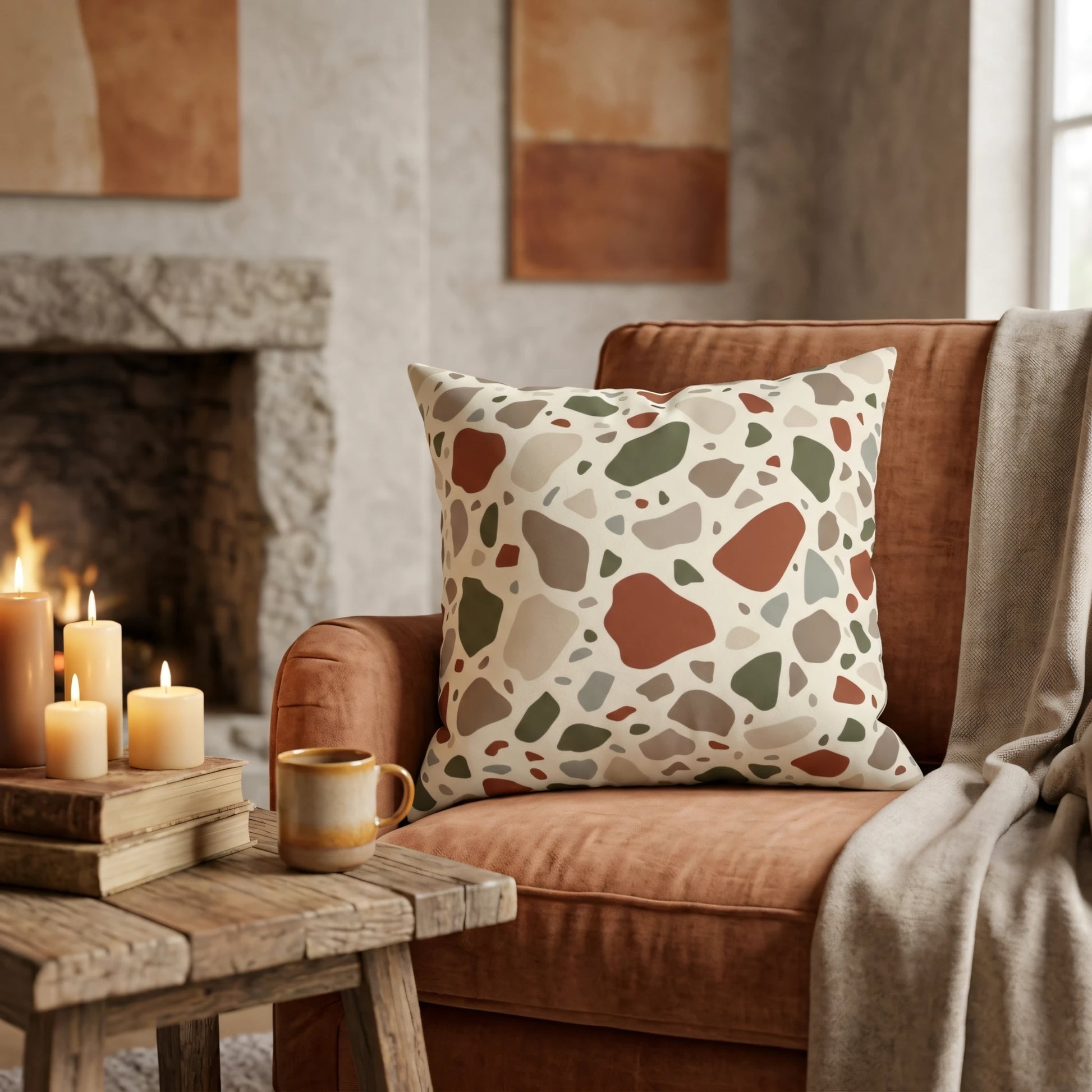 Decorative terrazzo throw pillow in earthy tones on a rust armchair by a fireplace with candles in a cozy, warm interior setting.