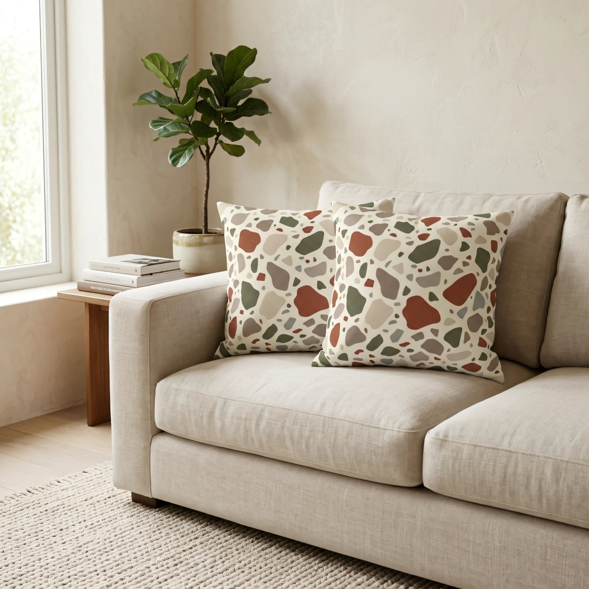 Two cushions with a rust and sage abstract pattern on a beige sofa in a minimalist living room with a fiddle leaf fig plant.