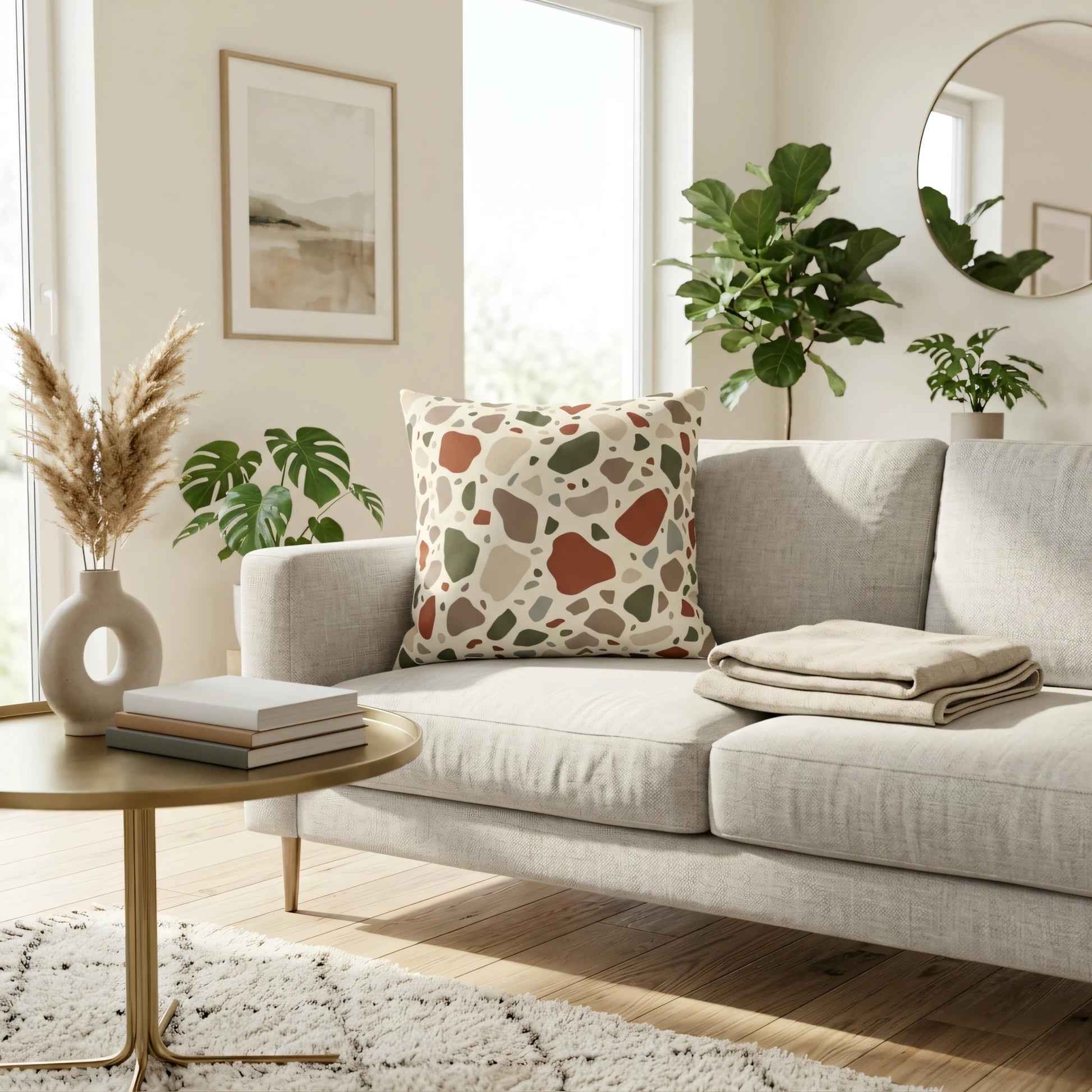 Modern throw pillow with an earthy terrazzo pattern on a light grey sofa in a bright living room with minimalist decor and houseplants.