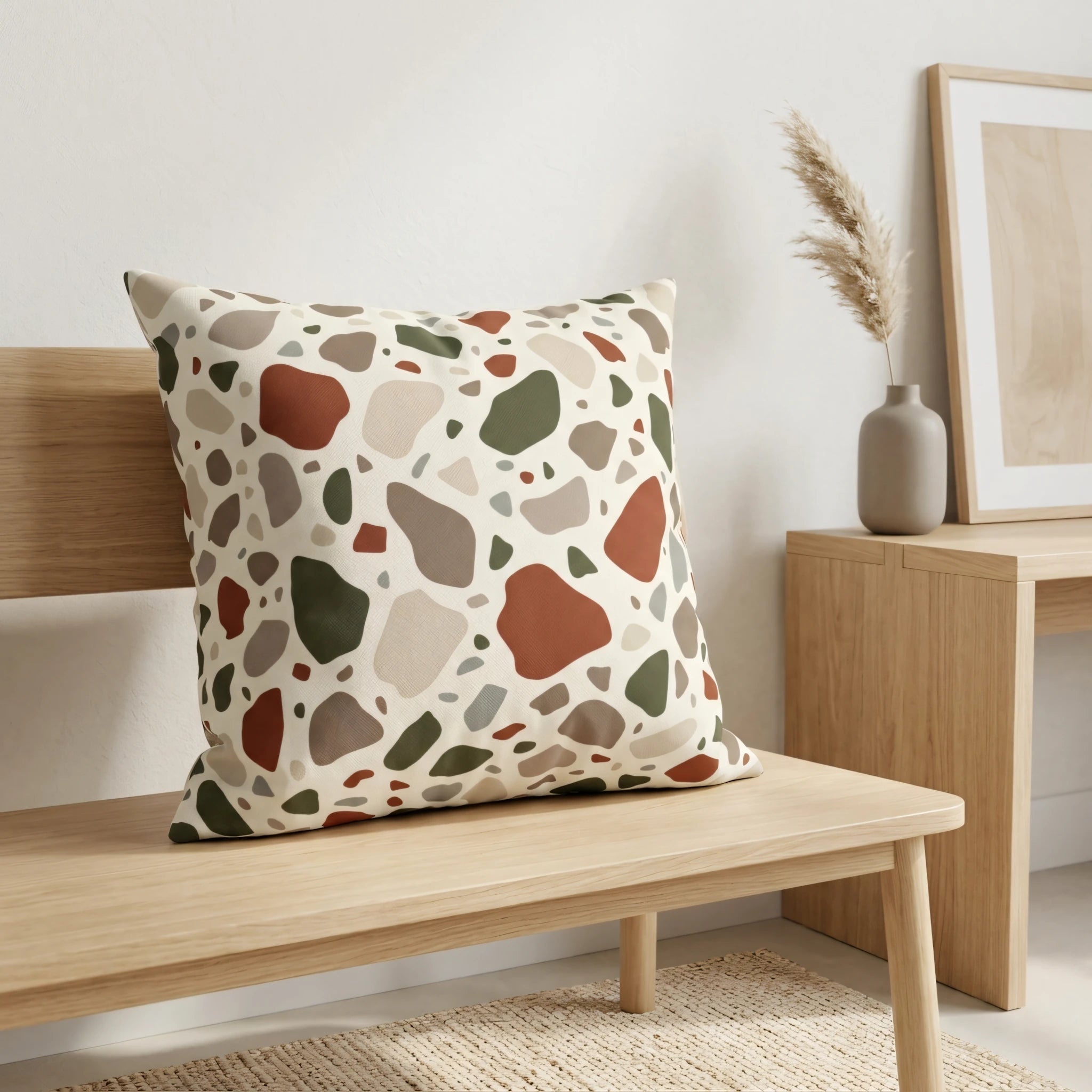Minimalist interior featuring an abstract earth-tone pillow with green and rust shapes on a wooden bench next to a pampas grass vase.