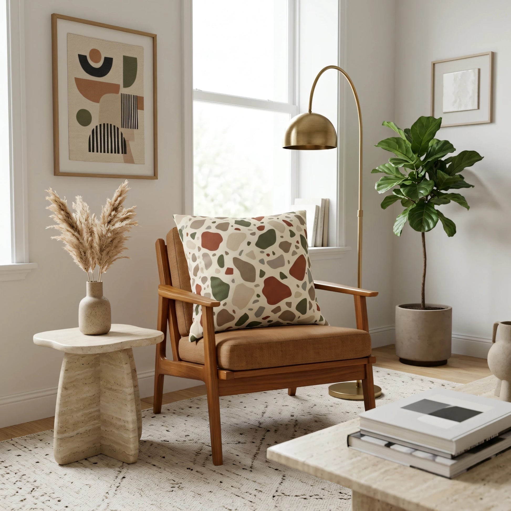 Abstract earthy pattern throw pillow on a wooden armchair in a bright modern living room with a gold floor lamp and potted plant.