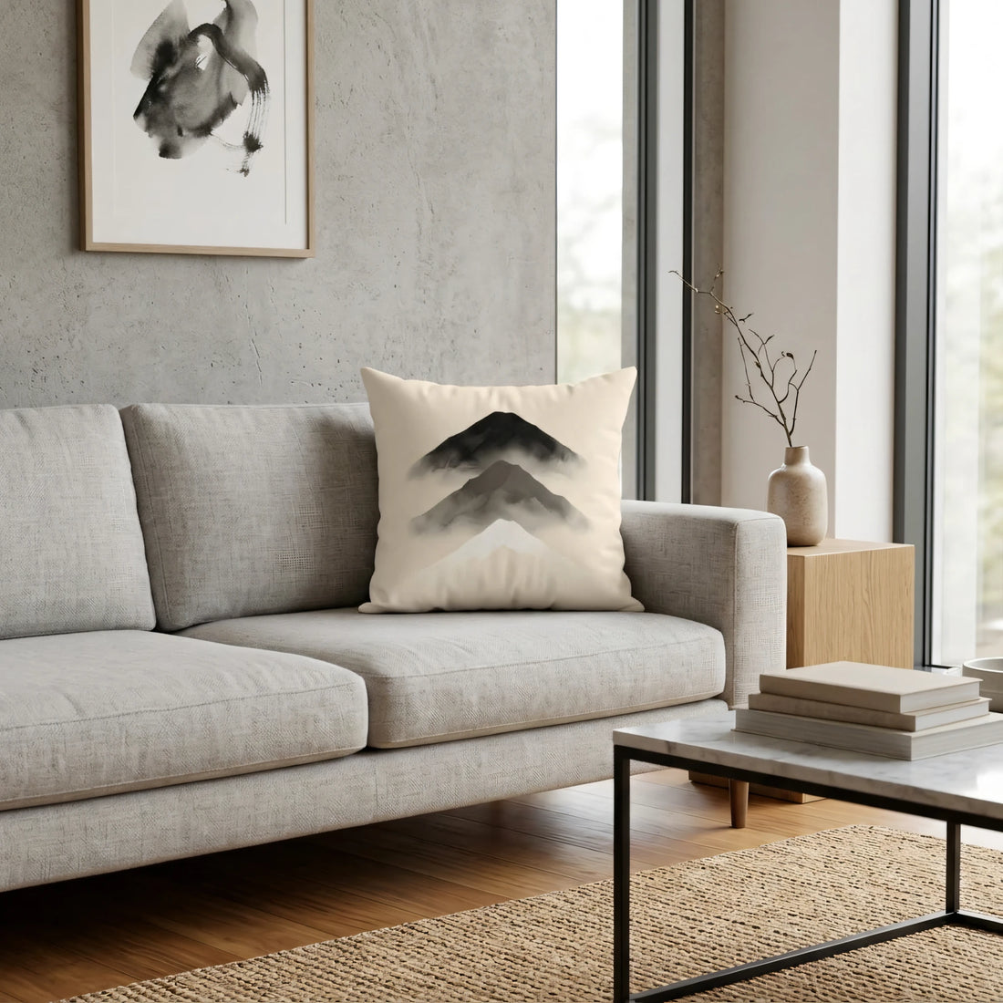 Front view of Tonal Tiered Peak Cushion Cover in Onyx and on a white background.