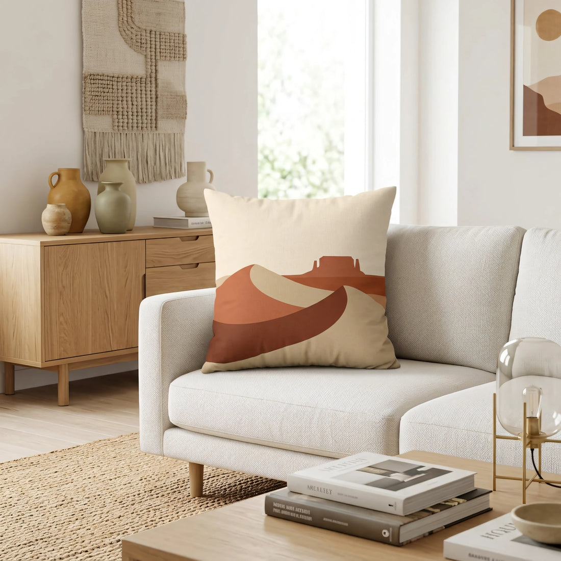 Front view of Minimalist Landscape Throw Pillow in Sienna and Sand Featuring Layer on a white background.