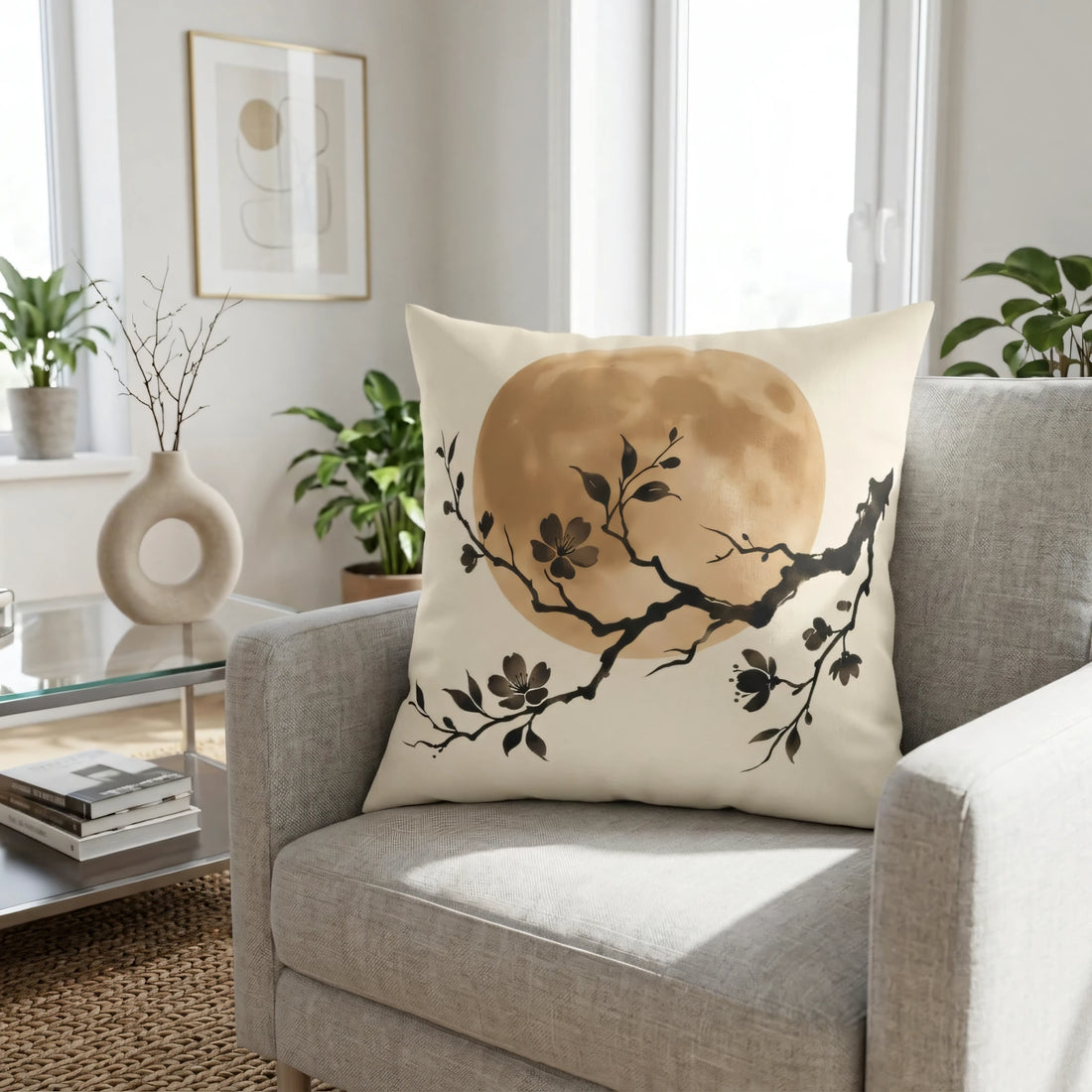Front view of Ochre Full Moon Cushion Cover on a white background.
