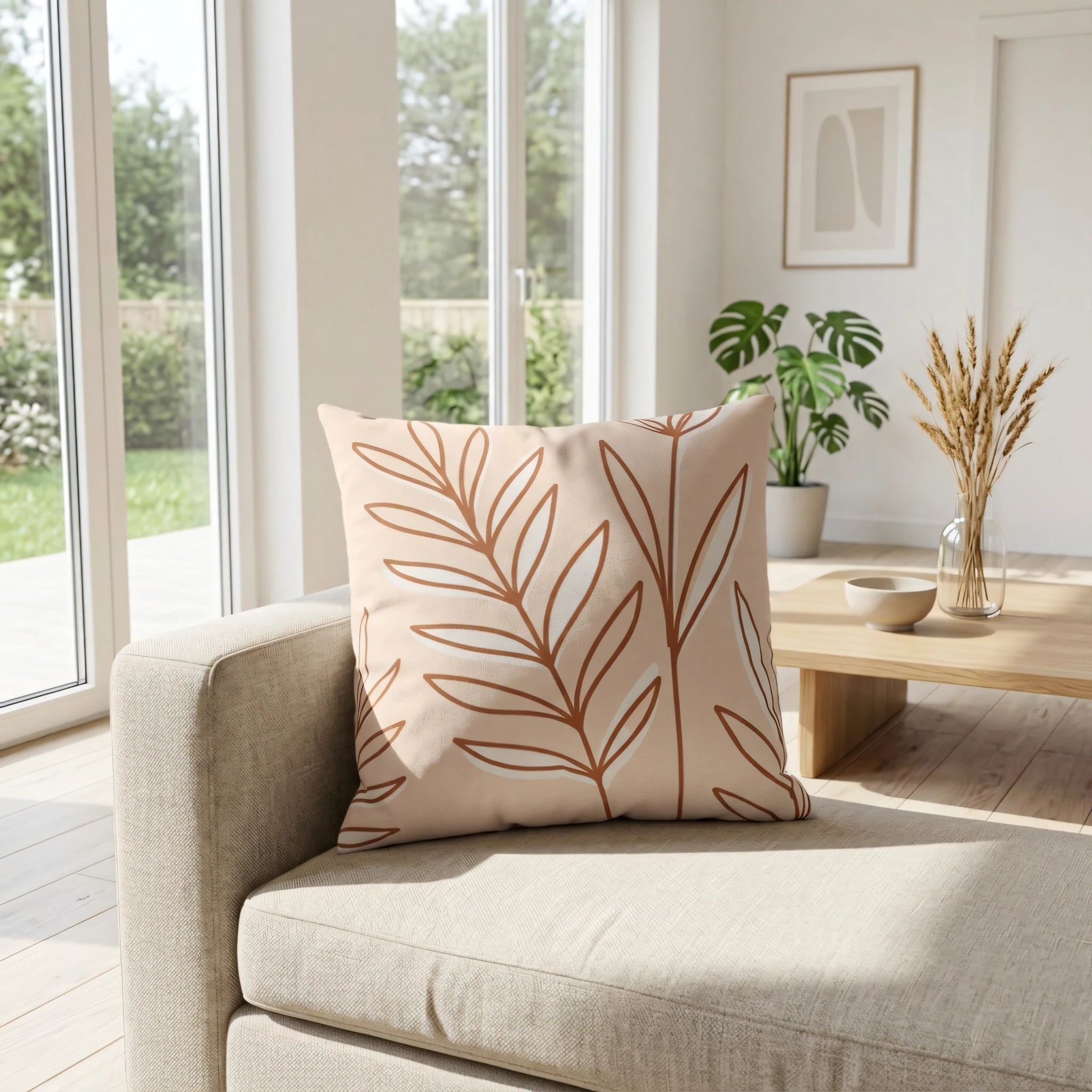 Decorative peach pillow with terracotta leaf patterns on a light couch in a sunlit, minimalist living room setting.