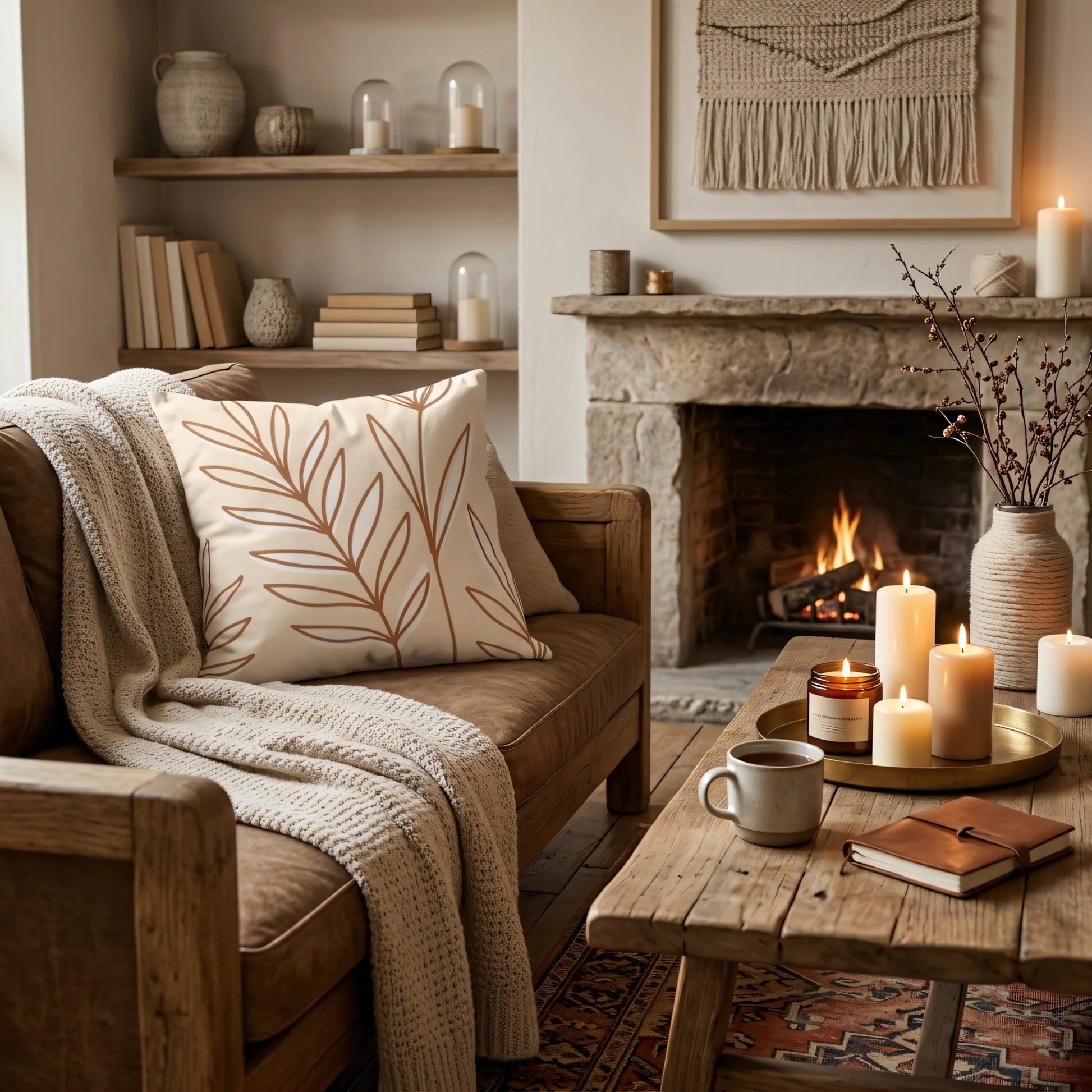 Beige cushion with a brown botanical leaf print on a leather sofa in a cozy living room setting with a lit fireplace and warm glowing candles.