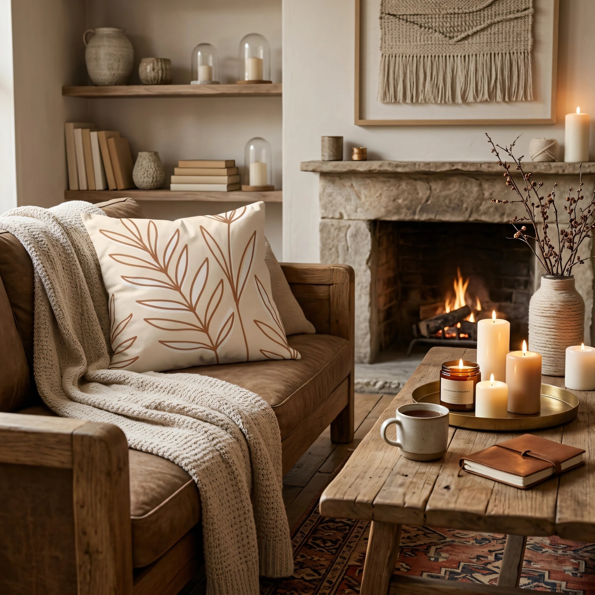 Beige cushion with a brown botanical leaf print on a leather sofa in a cozy living room setting with a lit fireplace and warm glowing candles.