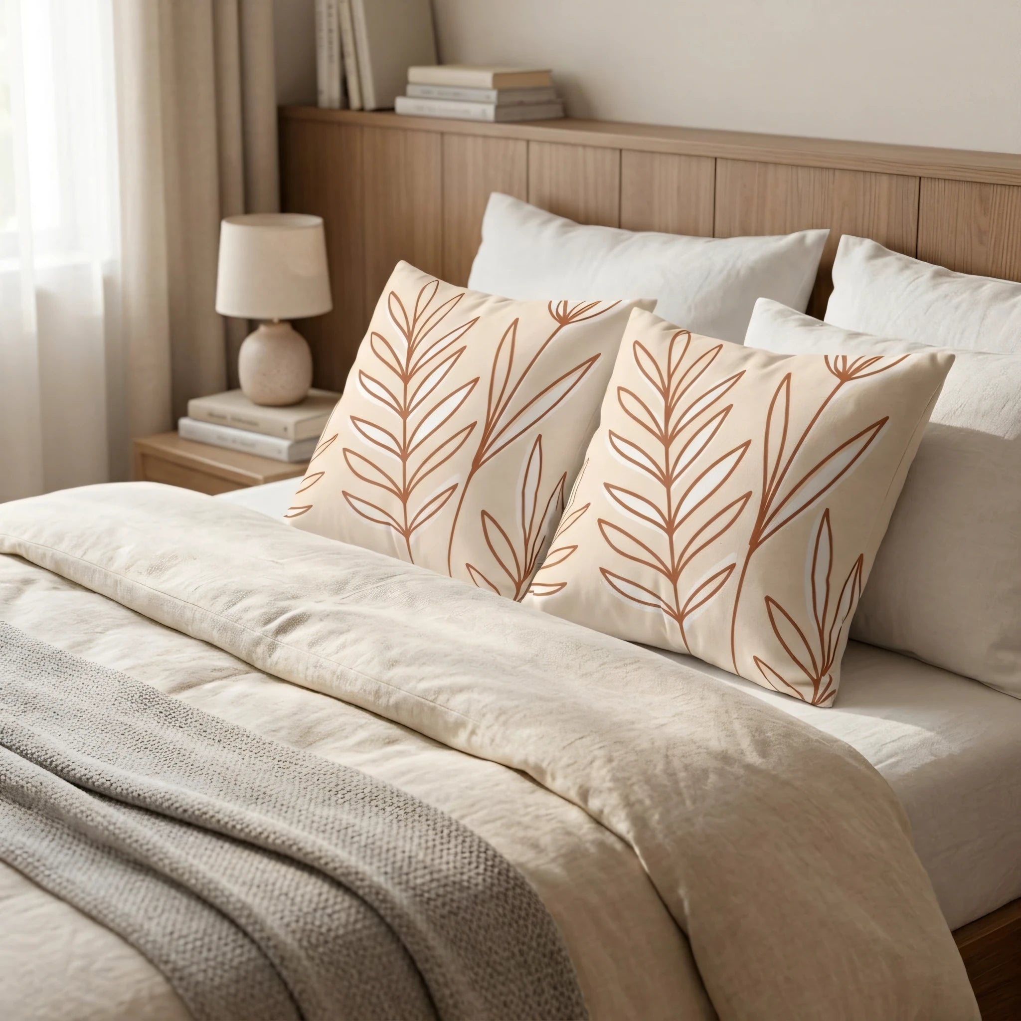 Pair of cream cushions with a terracotta leaf line art pattern on a cozy bed with neutral bedding and a wooden headboard.
