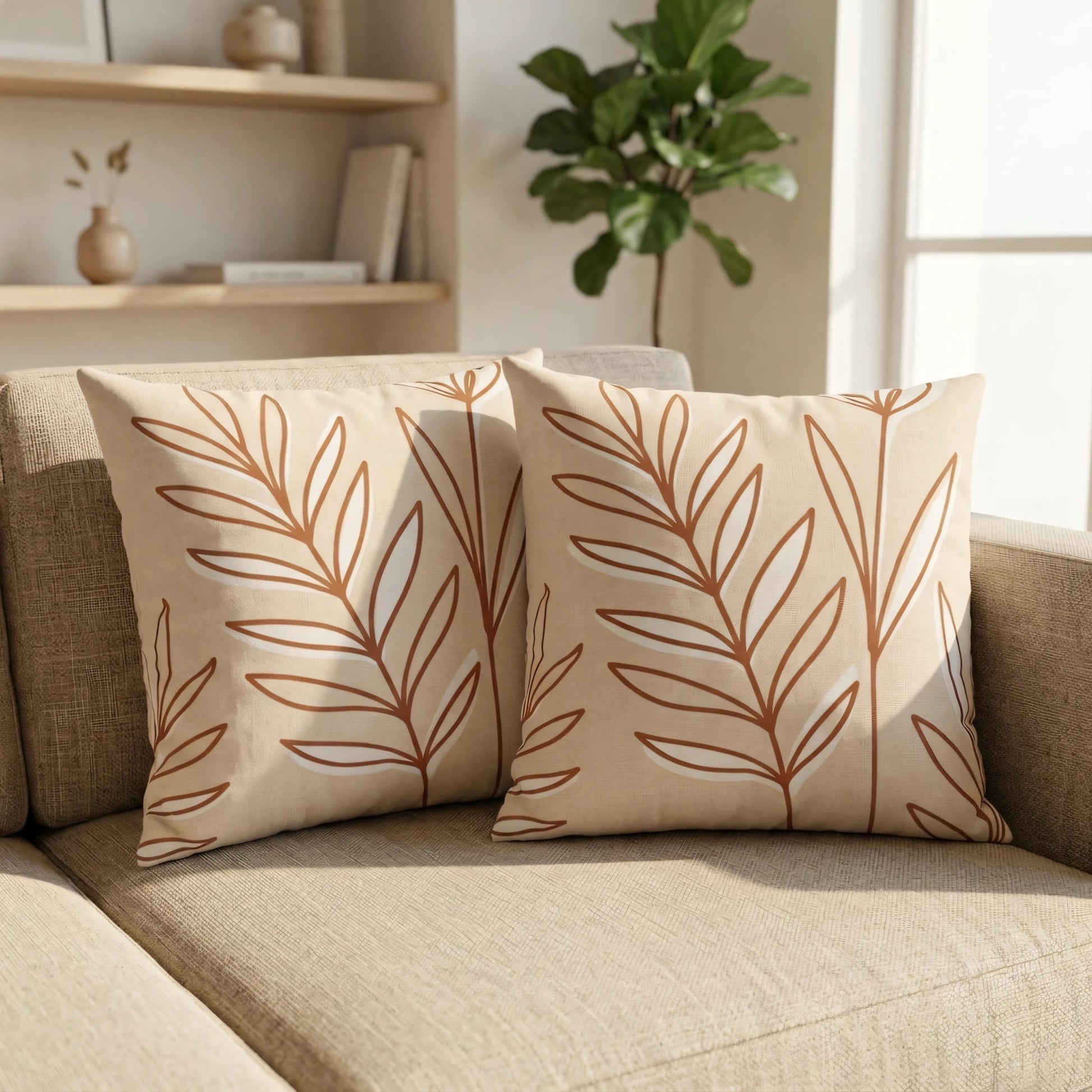 Two decorative beige cushions with minimalist terracotta leaf patterns on a neutral sofa in a bright, modern living room setting.